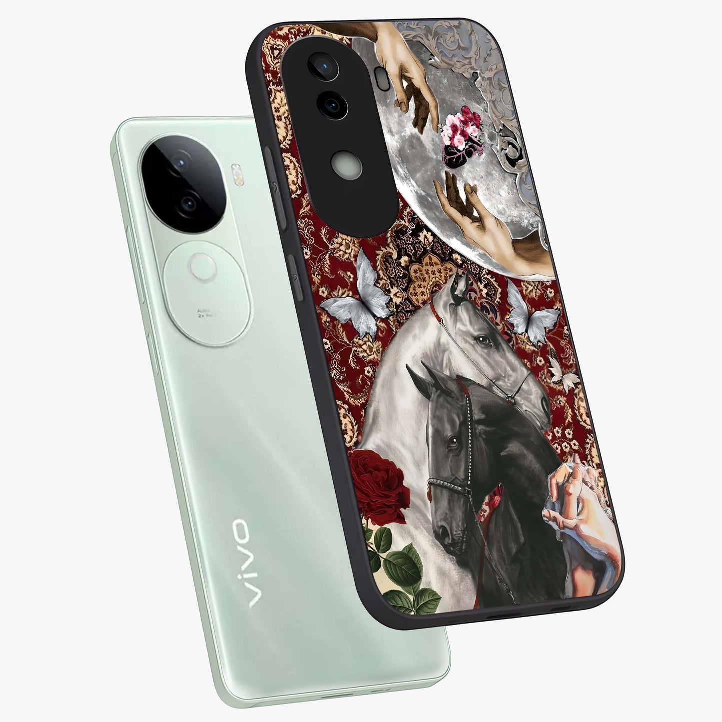 Moonlit Royal Stallion Glass Case displayed in angled mockup highlighting powerful stallion illustration with royal night aesthetic.