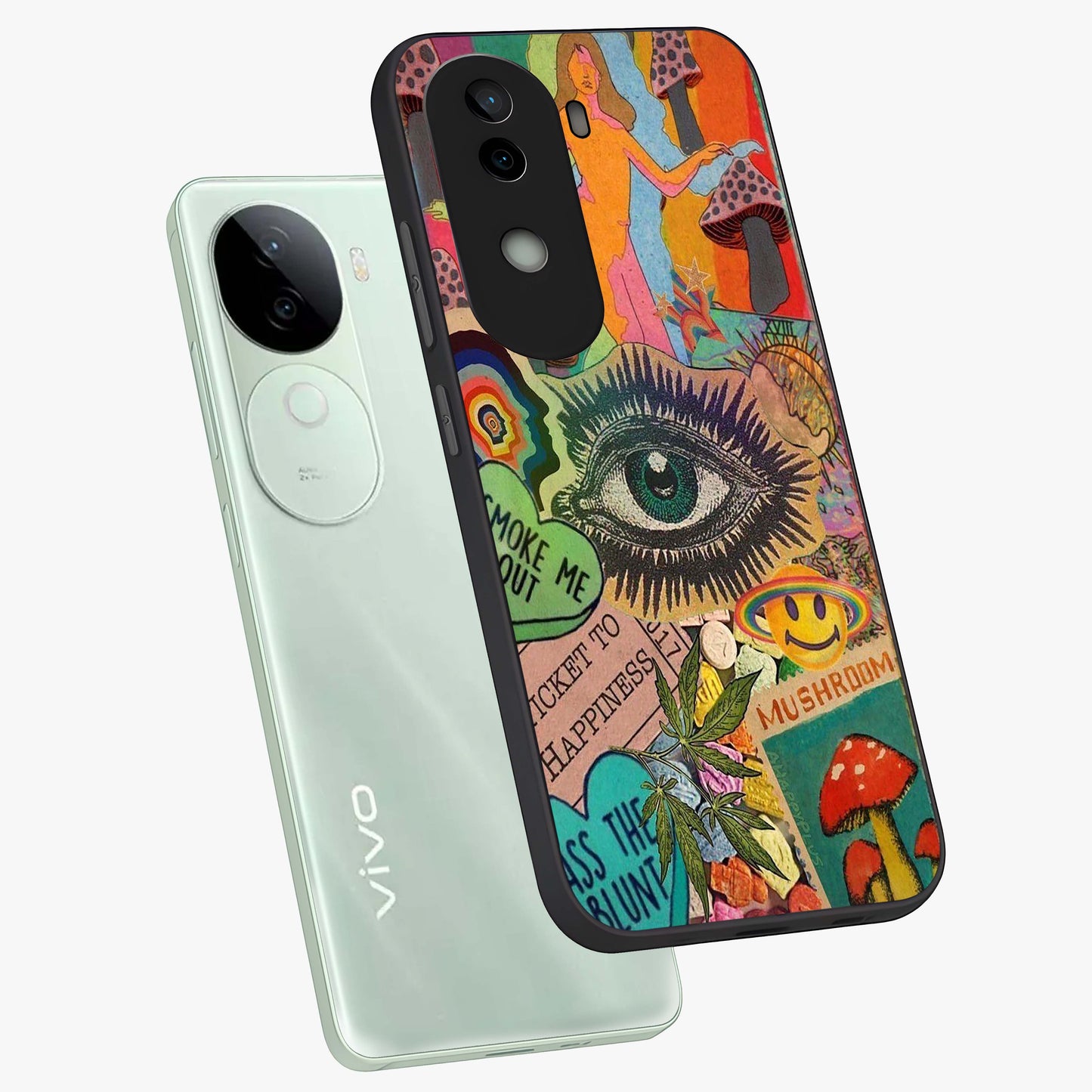 Mystic Eye Wonderland Glass Case displayed in angled mockup highlighting magical eye illustration with dreamy aesthetic.