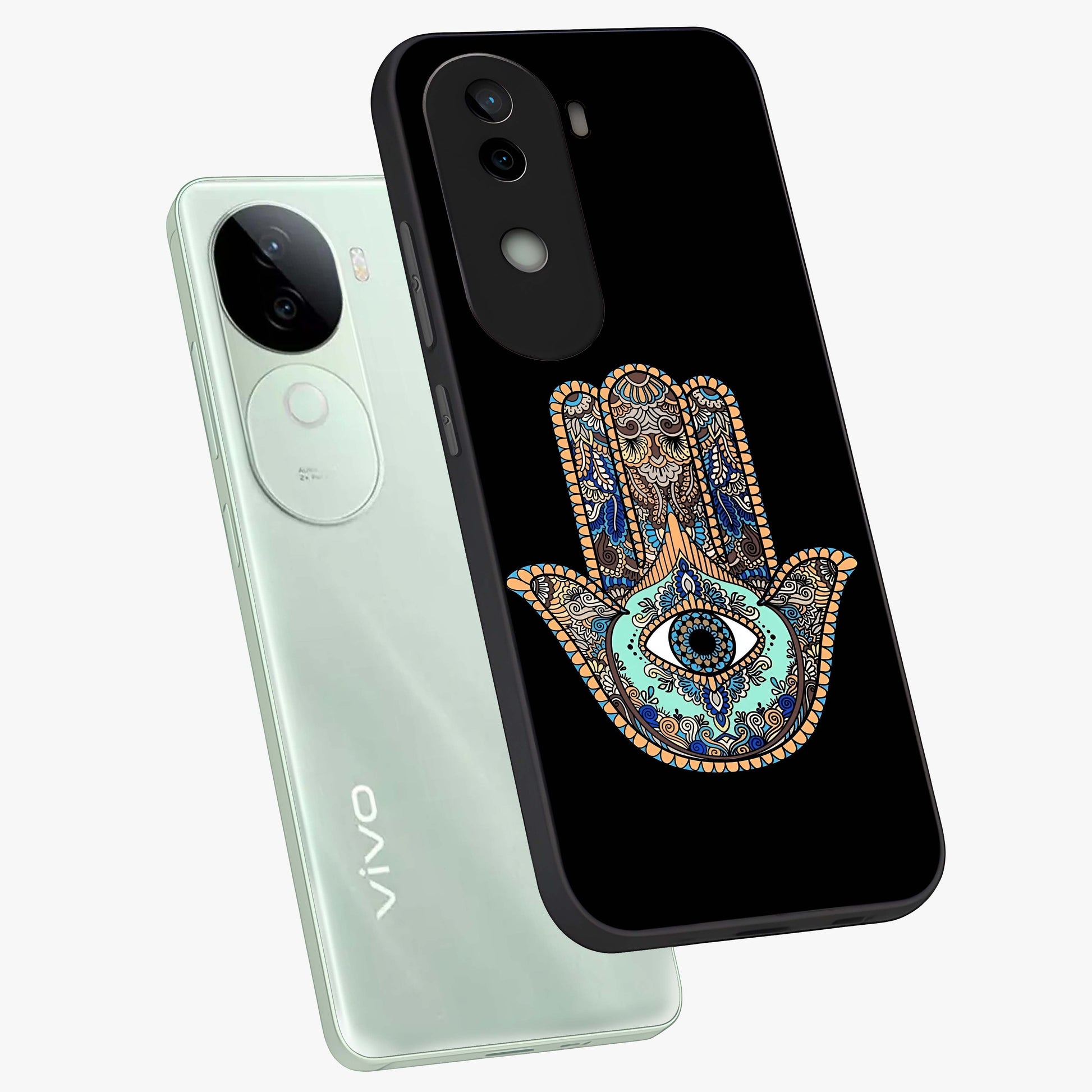 Mystic Hamsa Eye Glass Case displayed in angled mockup highlighting spiritual hamsa symbol with mystical aesthetic style.