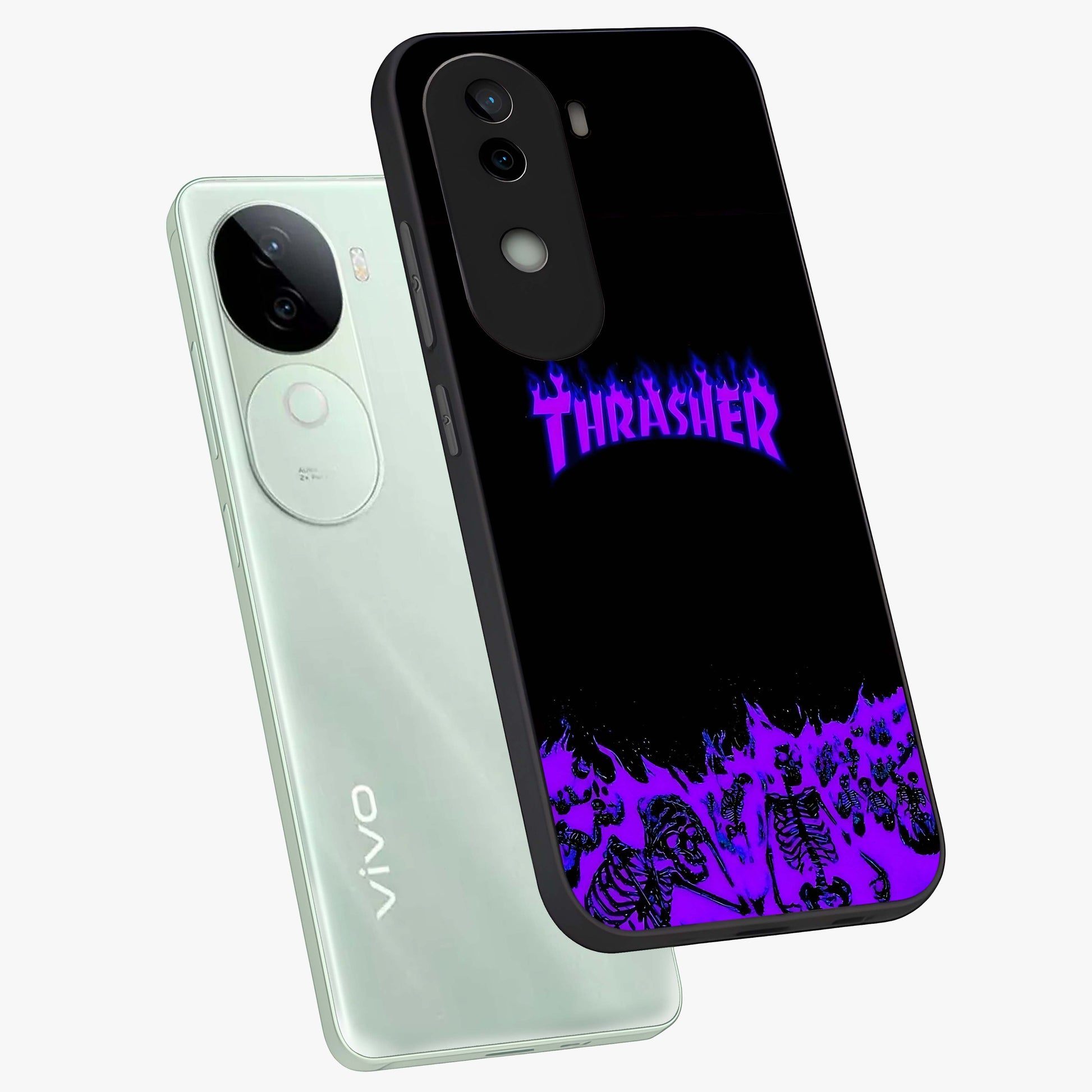 Neon Flame Riot Glass Case displayed in angled mockup highlighting glowing flame design with vibrant neon aesthetic.