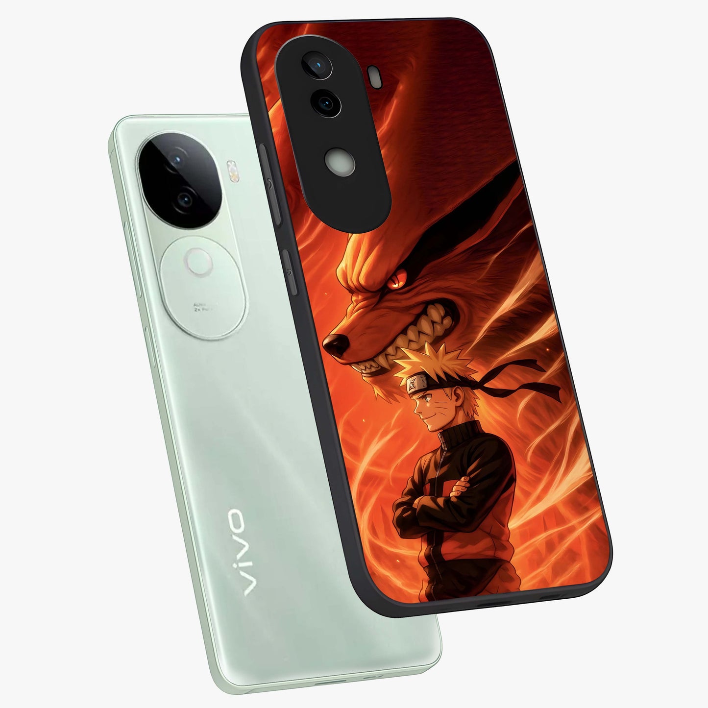 Nine Tails Legacy Glass Case displayed in angled mockup highlighting dynamic anime beast illustration with bold mystical aesthetic.