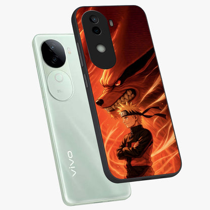Nine Tails Legacy Glass Case displayed in angled mockup highlighting dynamic anime beast illustration with bold mystical aesthetic.