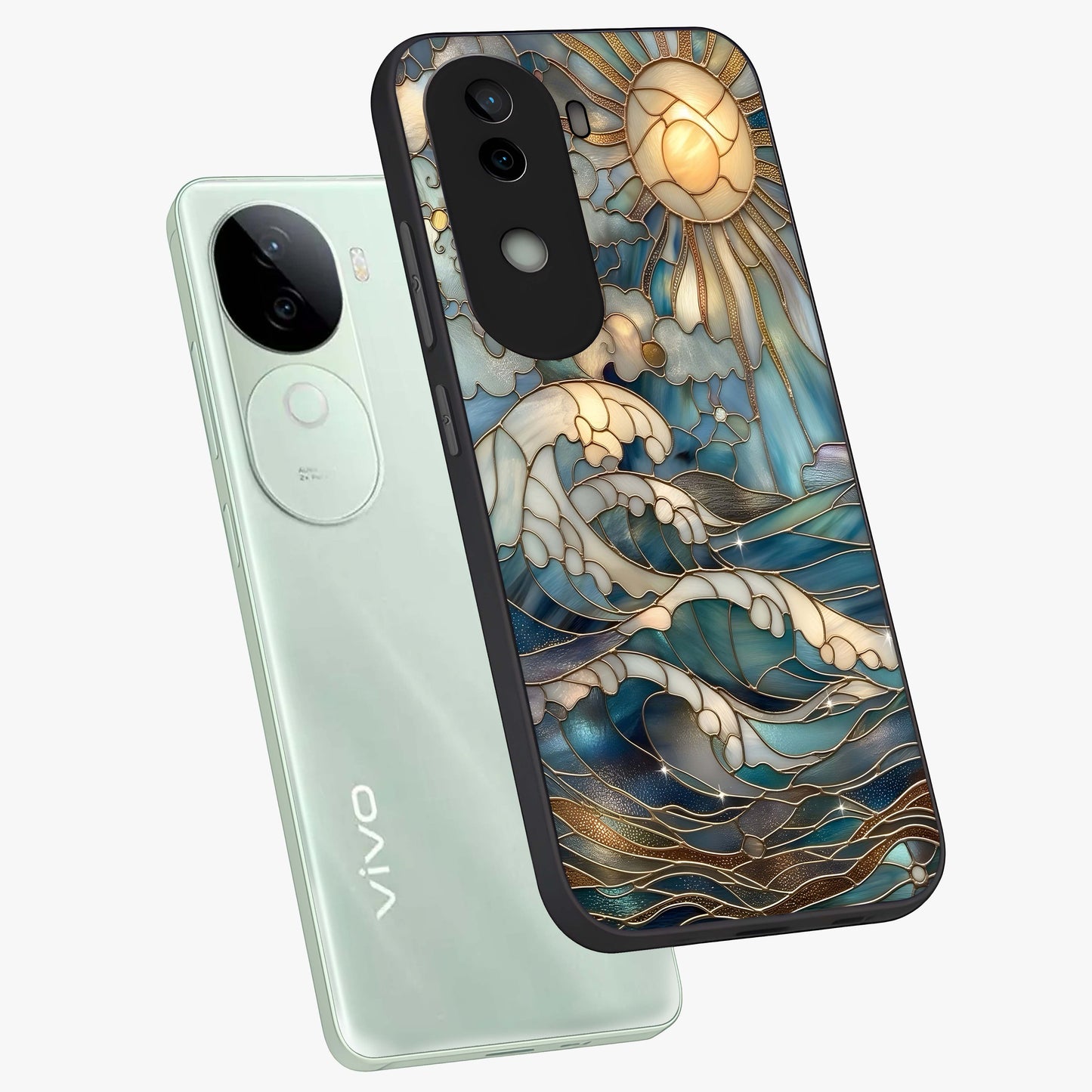 Oceanic Stained Printed Glass Case displayed in angled mockup highlighting colorful aquatic design with artistic aesthetic style.