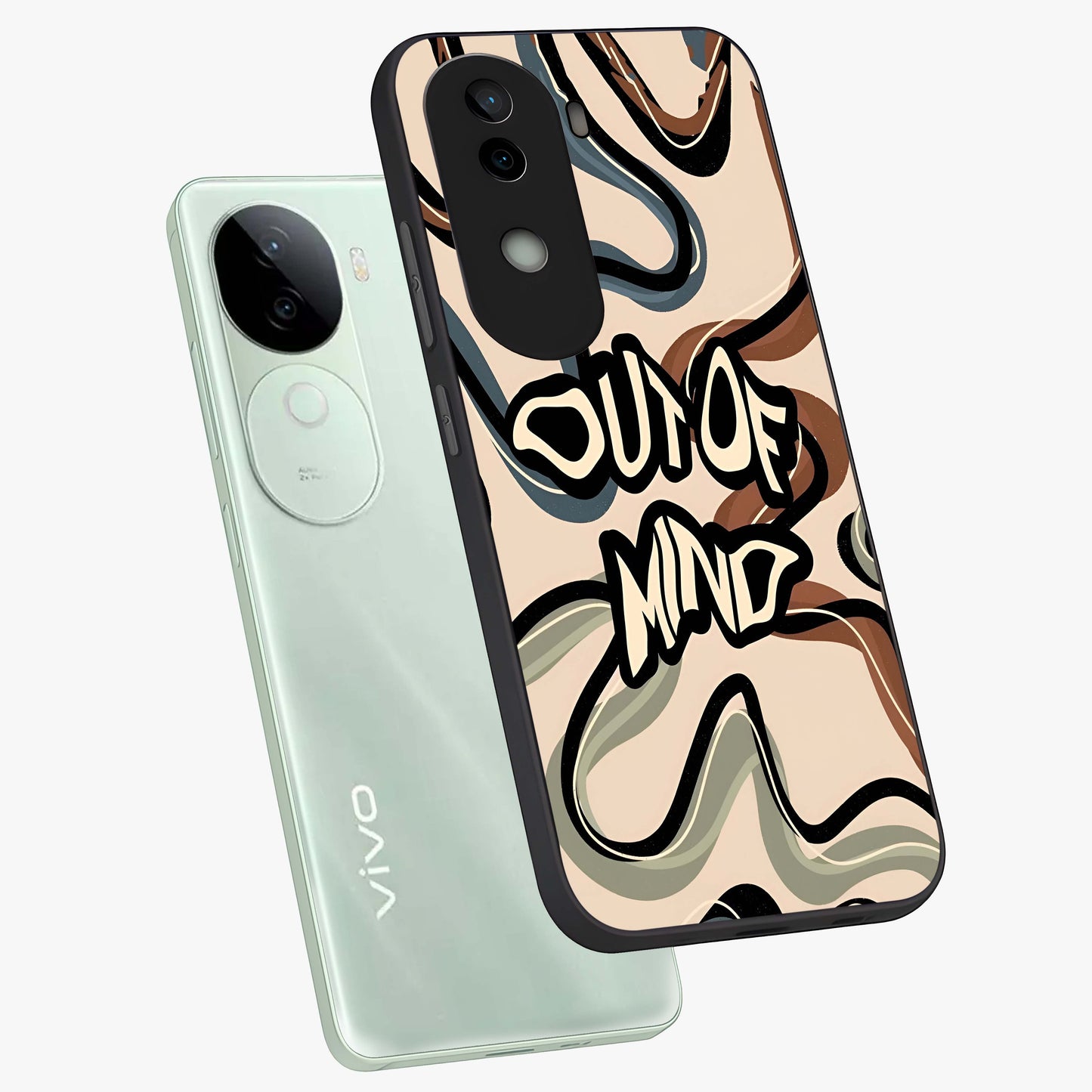 Out Of Mind Glass Case displayed in angled mockup highlighting bold statement design with modern artistic aesthetic.
