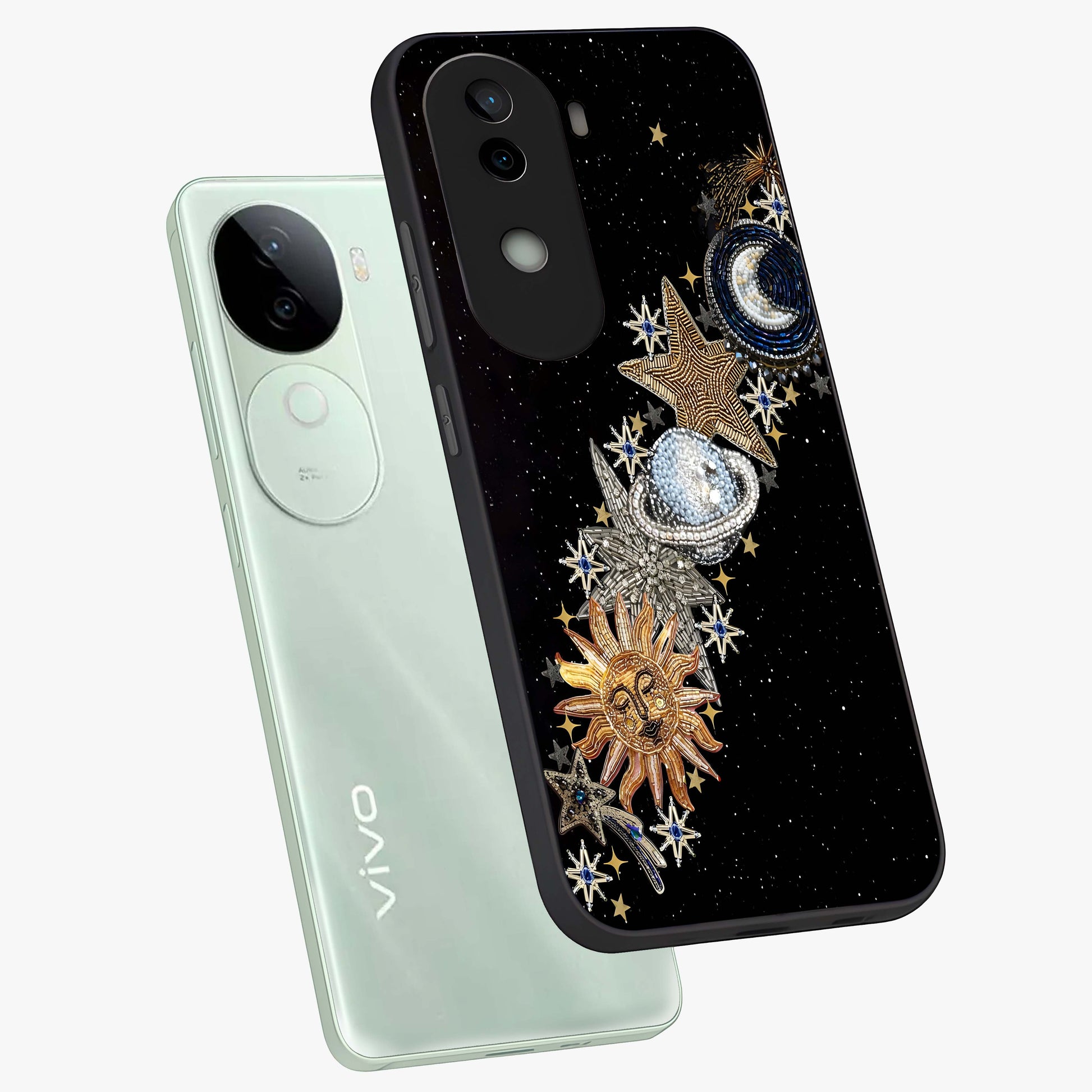 Pearls Universe Object Glass Case displayed in angled mockup highlighting celestial pearl design with dreamy aesthetic.