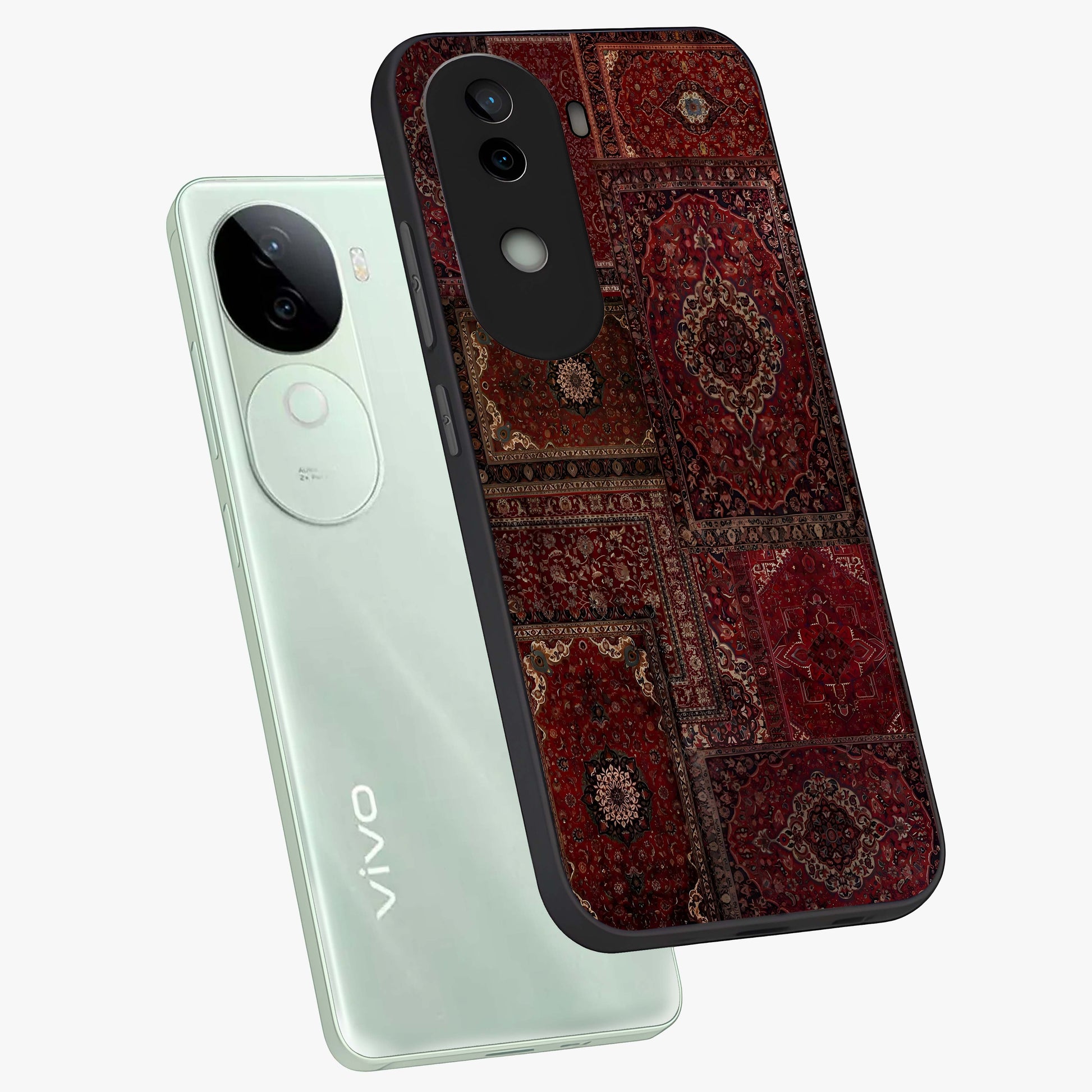 Persian Velvet Tale Glass Case displayed in angled mockup highlighting ornate textile inspired design with royal aesthetic.