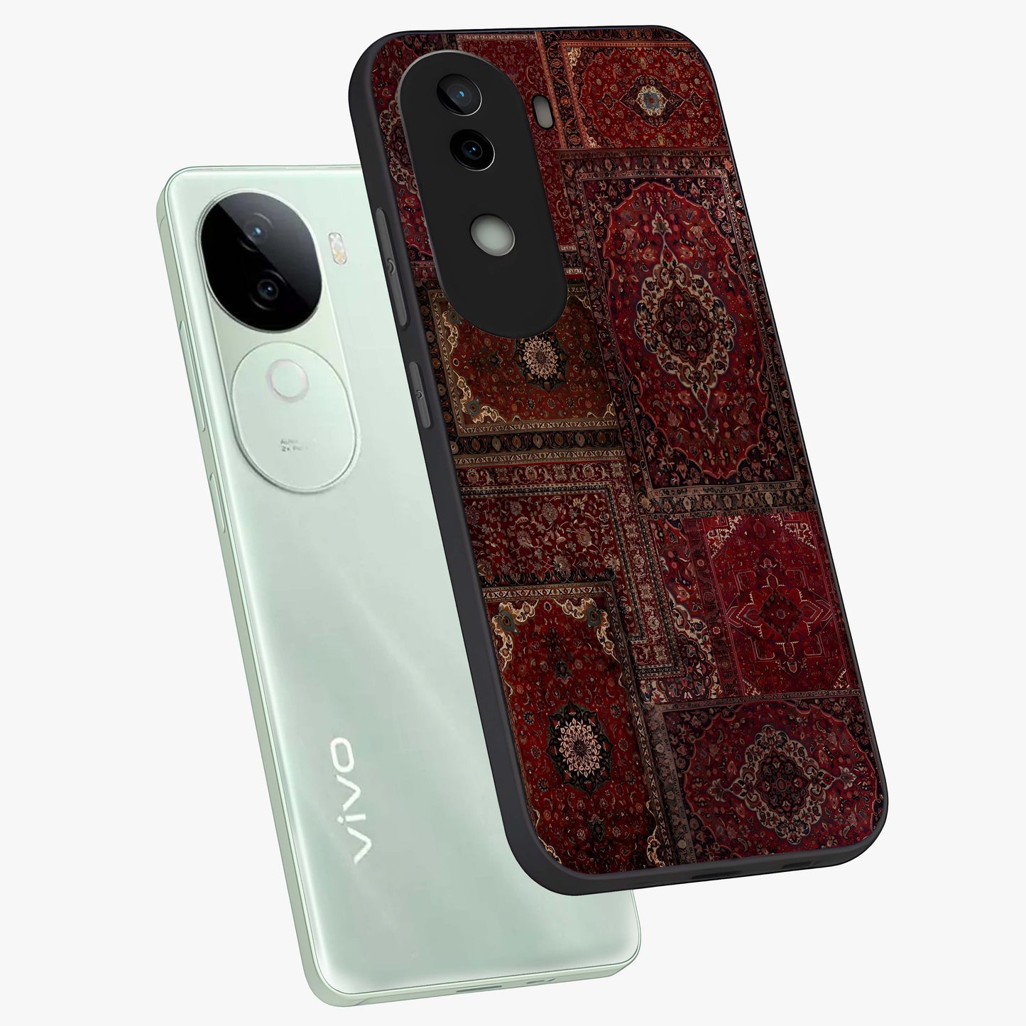 Persian Velvet Tale Glass Case displayed in angled mockup highlighting ornate textile inspired design with royal aesthetic.