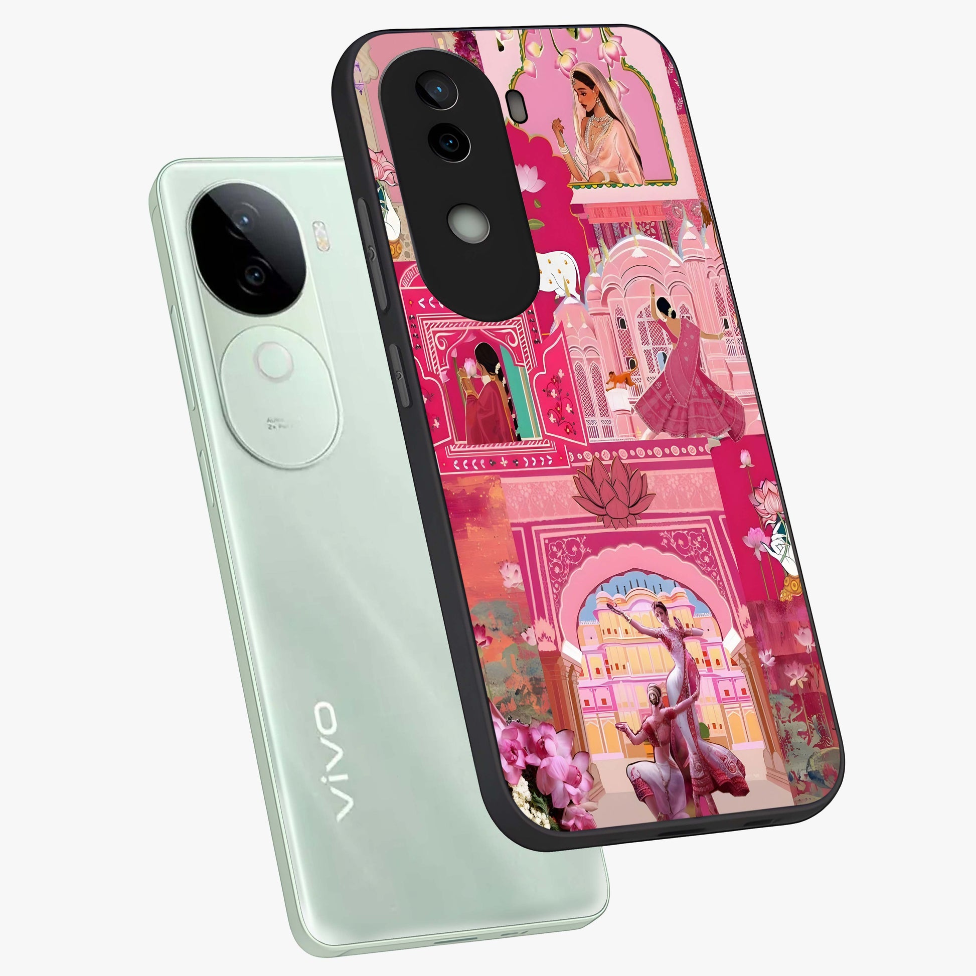 Pink Palace Muse Glass Case displayed in angled mockup highlighting dreamy palace illustration with soft pink aesthetic.