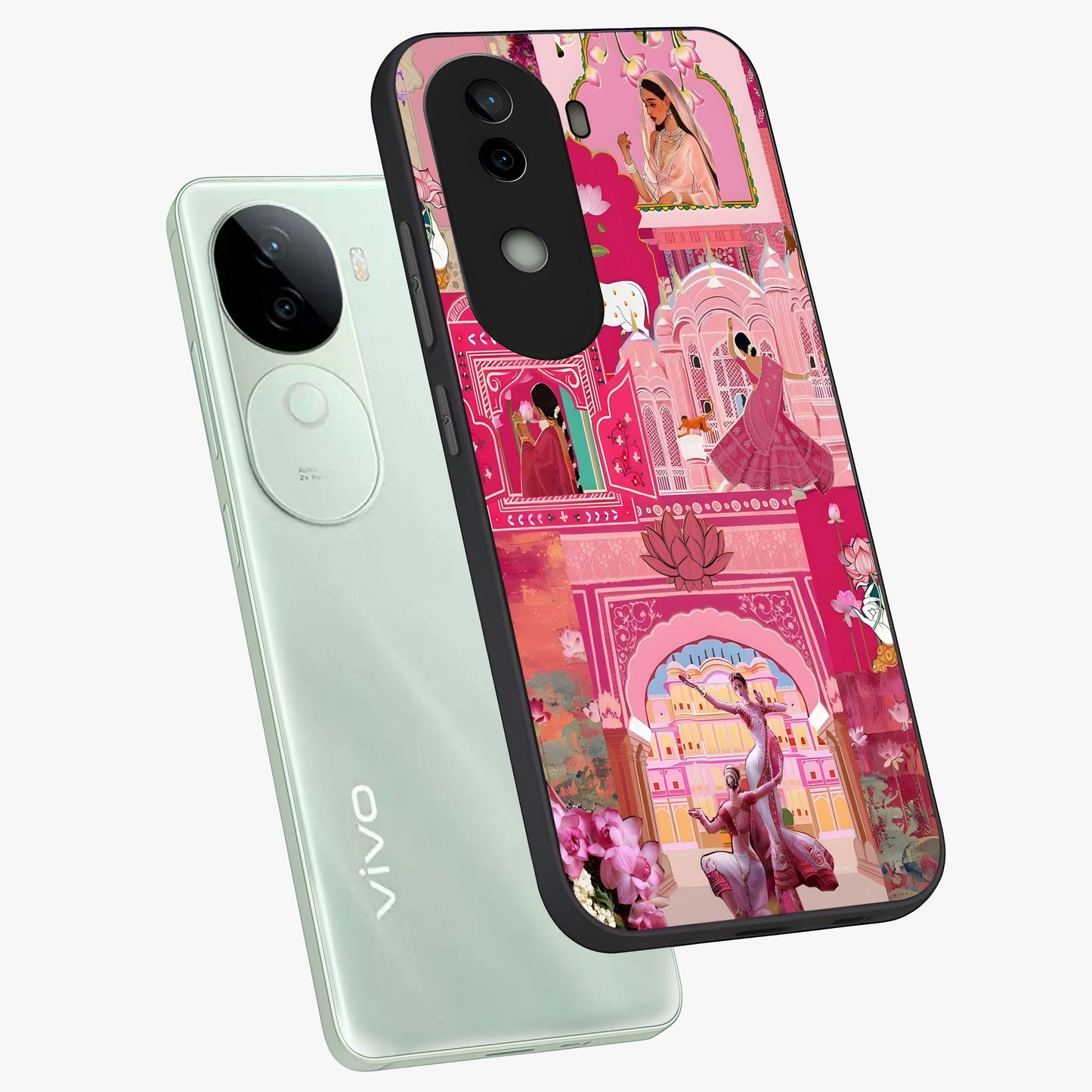 Pink Palace Muse Glass Case displayed in angled mockup highlighting dreamy palace illustration with soft pink aesthetic.