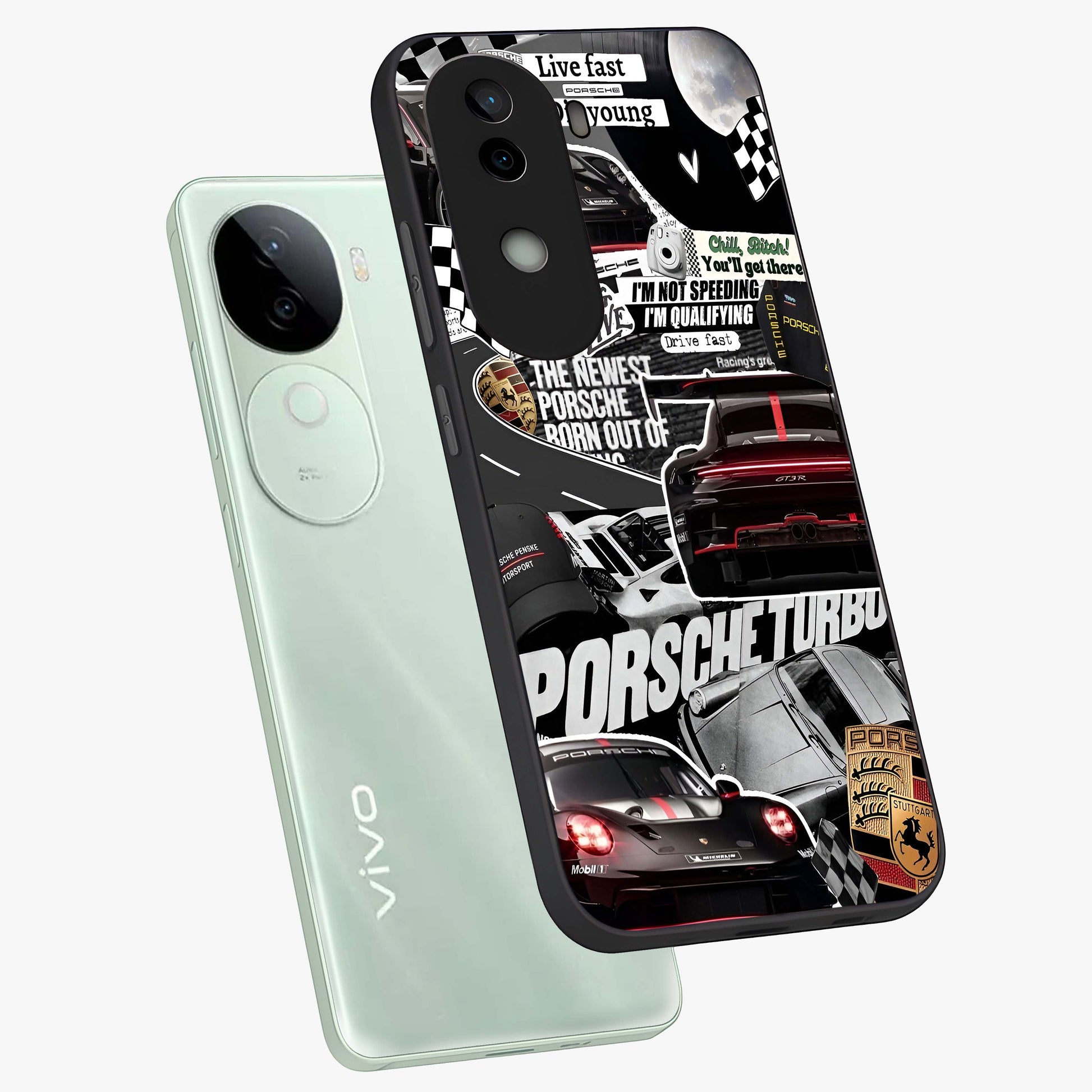 Porsche Racing Collage Glass Case displayed in angled mockup highlighting dynamic automotive design with bold racing aesthetic.