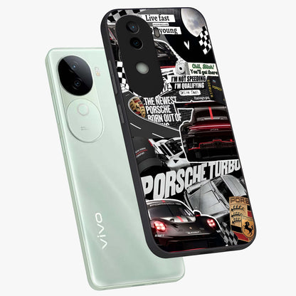Porsche Racing Collage Glass Case displayed in angled mockup highlighting dynamic automotive design with bold racing aesthetic.