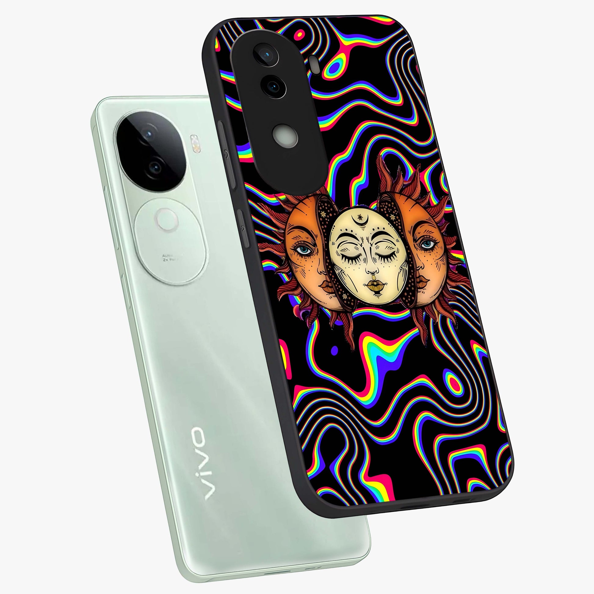 Psychedelic Sun Glass Case displayed in angled mockup highlighting vibrant abstract sun design with artistic aesthetic style.