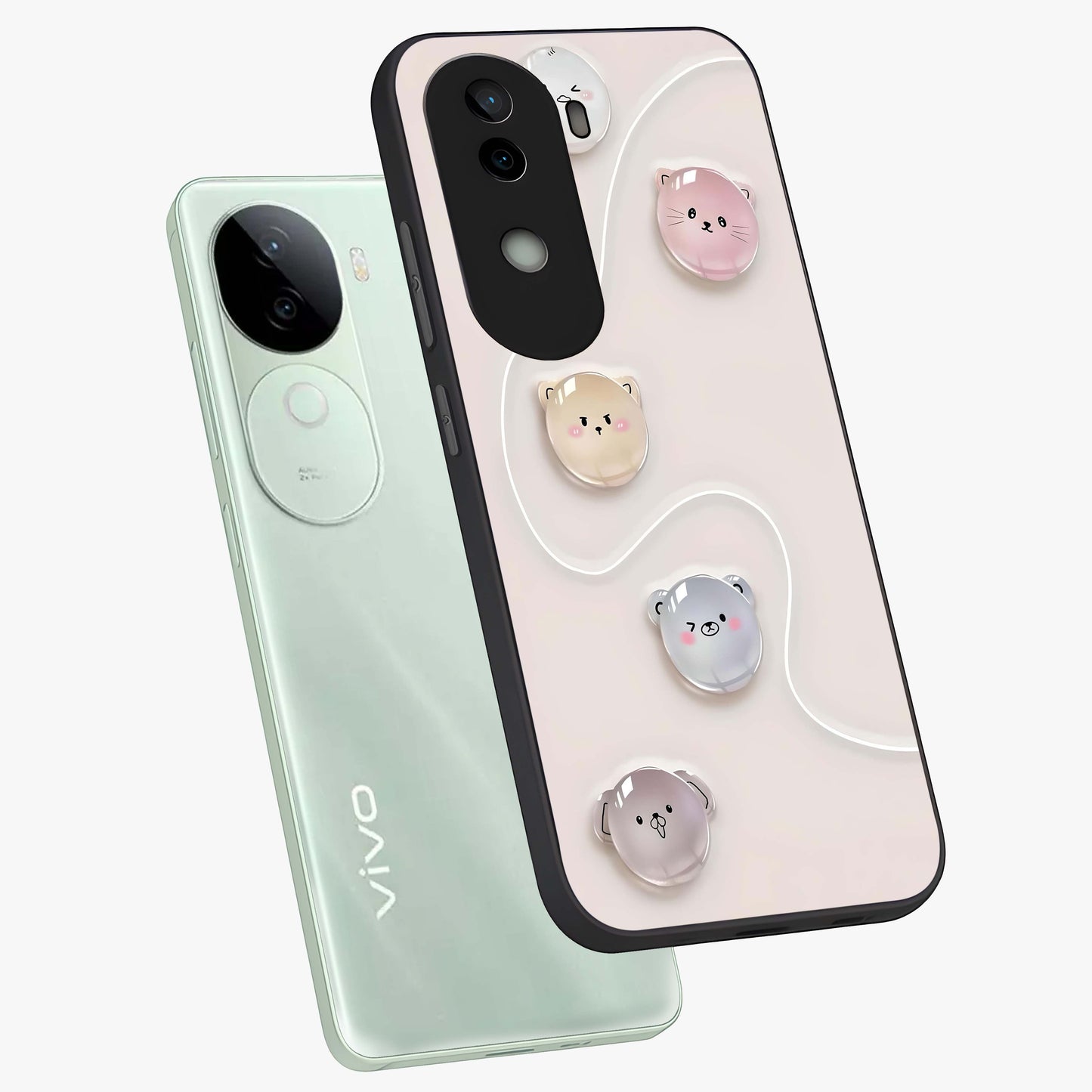 Puffy Face Parade Glass Case displayed in angled mockup highlighting playful cartoon face design with fun aesthetic.