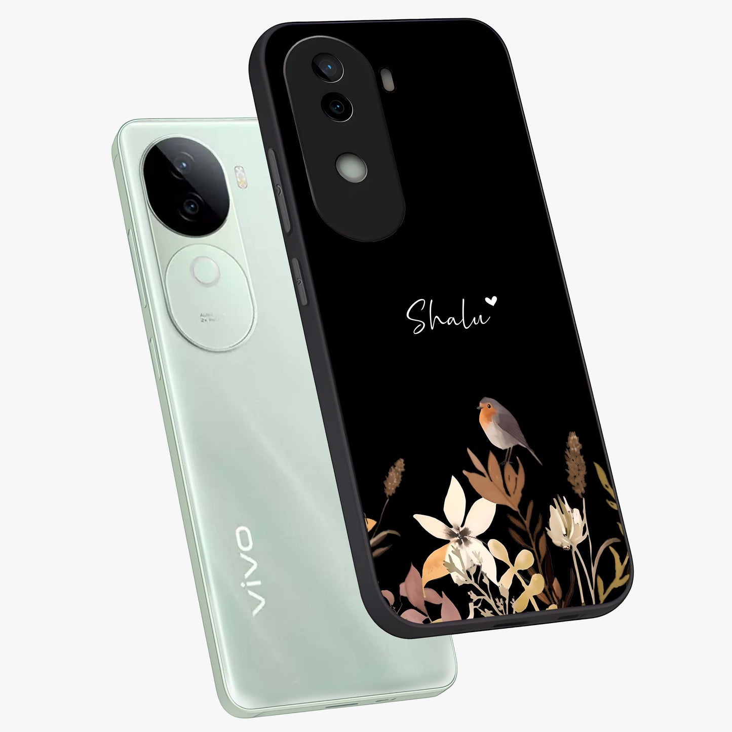 Quiet Garden Tune Custom Name Glass Case displayed in angled mockup highlighting delicate floral garden design with custom name feature.