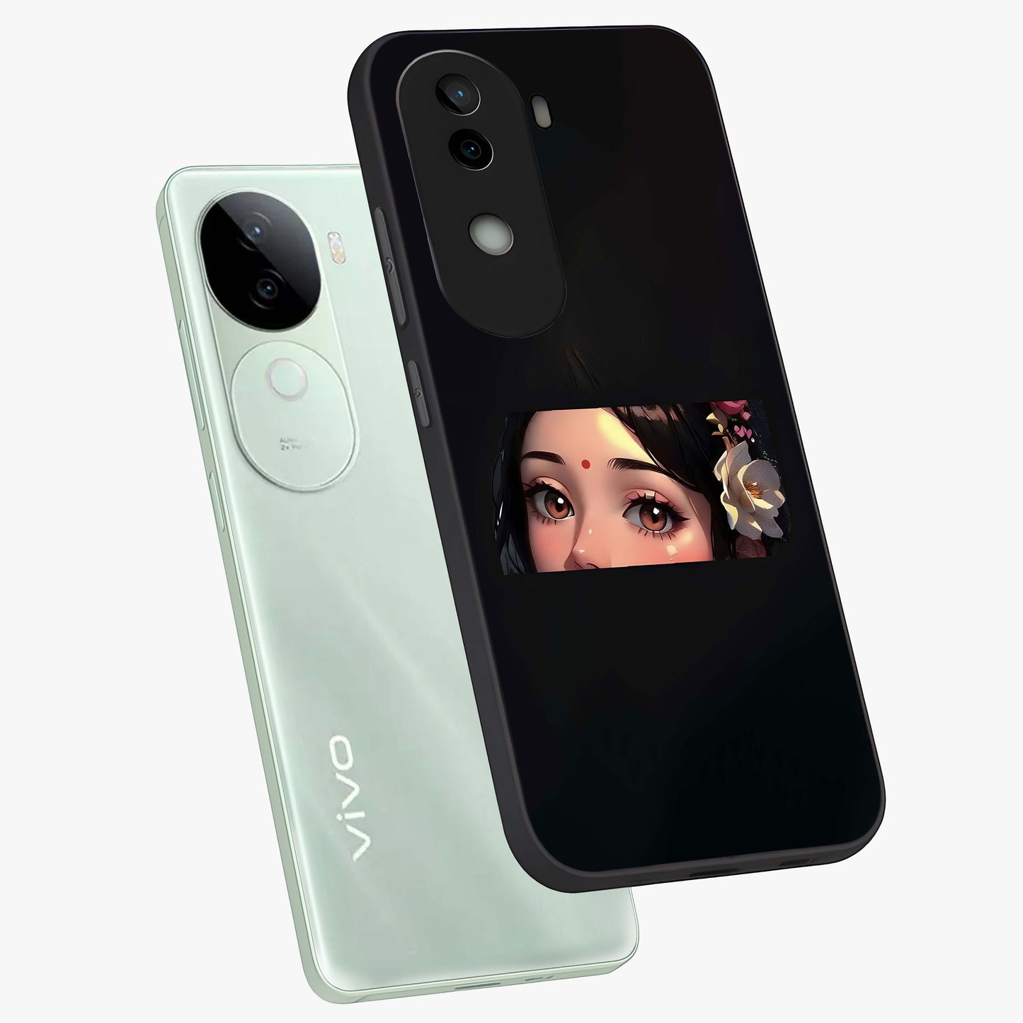 Radha Divine Embrace Glass Case displayed in angled mockup highlighting graceful spiritual illustration with divine aesthetic.