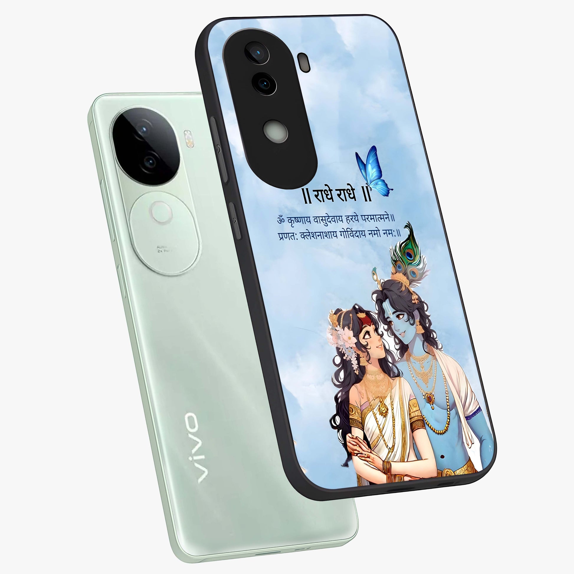 Radha Krishna Eternal Glass Case displayed in angled mockup highlighting divine Radha Krishna illustration with spiritual aesthetic.