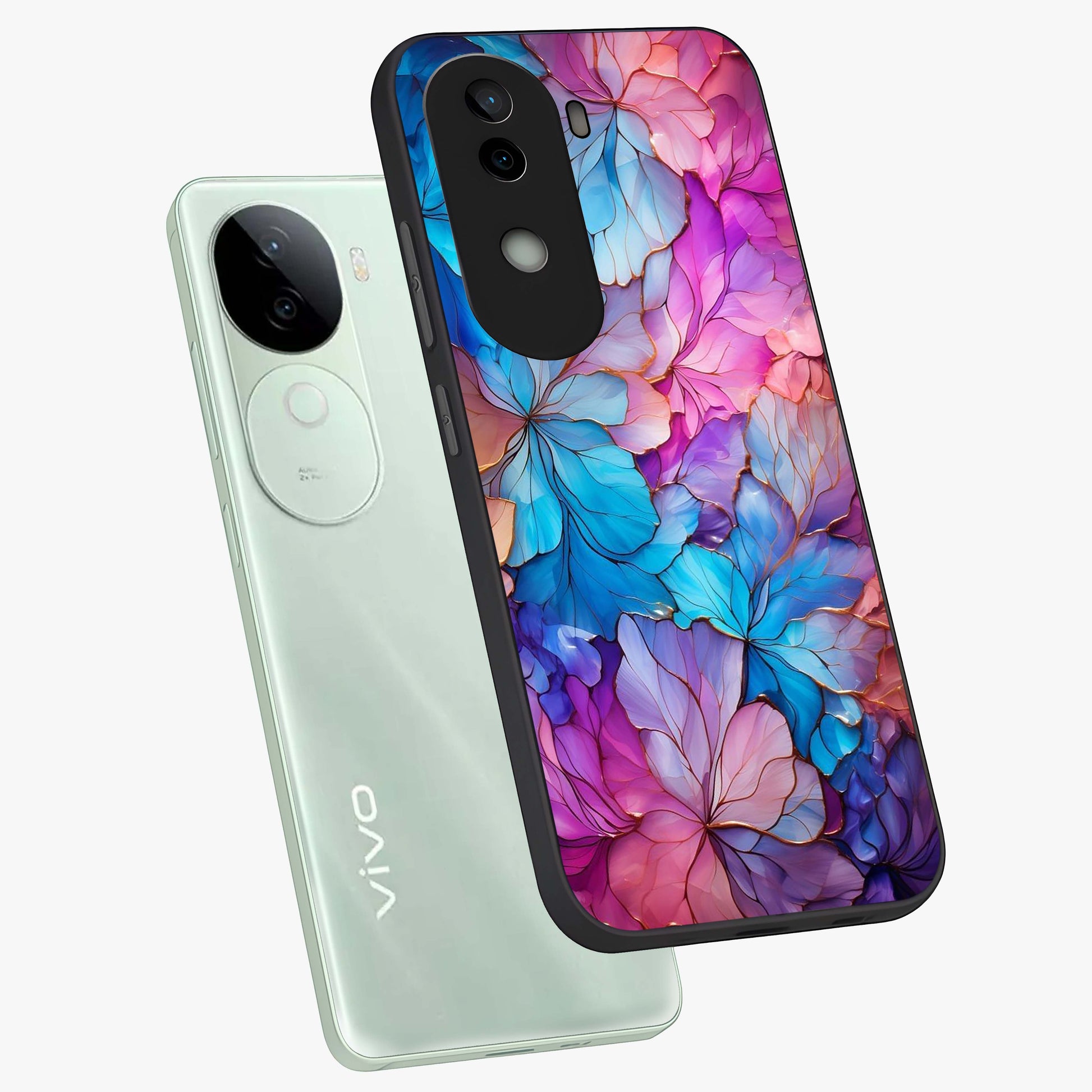 Radiant Floral Whirl Glass Case displayed in angled mockup highlighting vibrant flower pattern with dynamic artistic aesthetic.