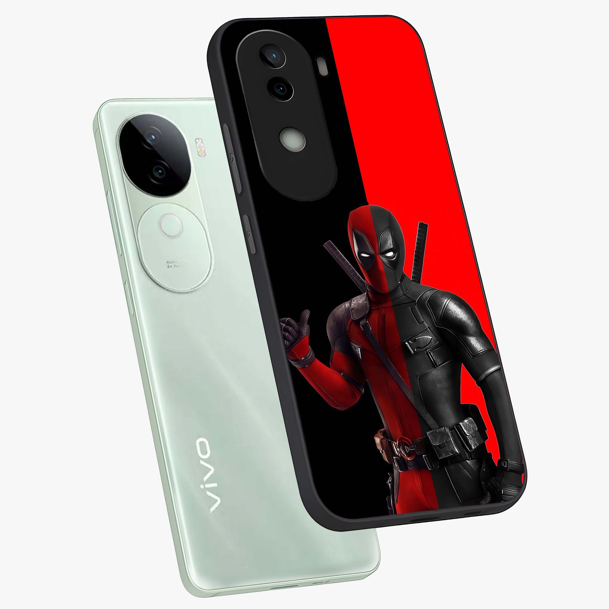 Red & Black Deadpool Theme Glass Case displayed in angled mockup highlighting vibrant superhero style illustration with action aesthetic.