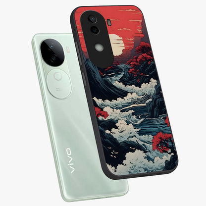 Red Sunset Scenery Glass Case displayed in angled mockup highlighting glowing sunset sky design with scenic aesthetic.