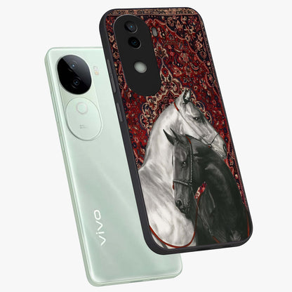 Regal Stallion Tapestry Glass Case displayed in angled mockup highlighting royal stallion design with decorative heritage aesthetic.