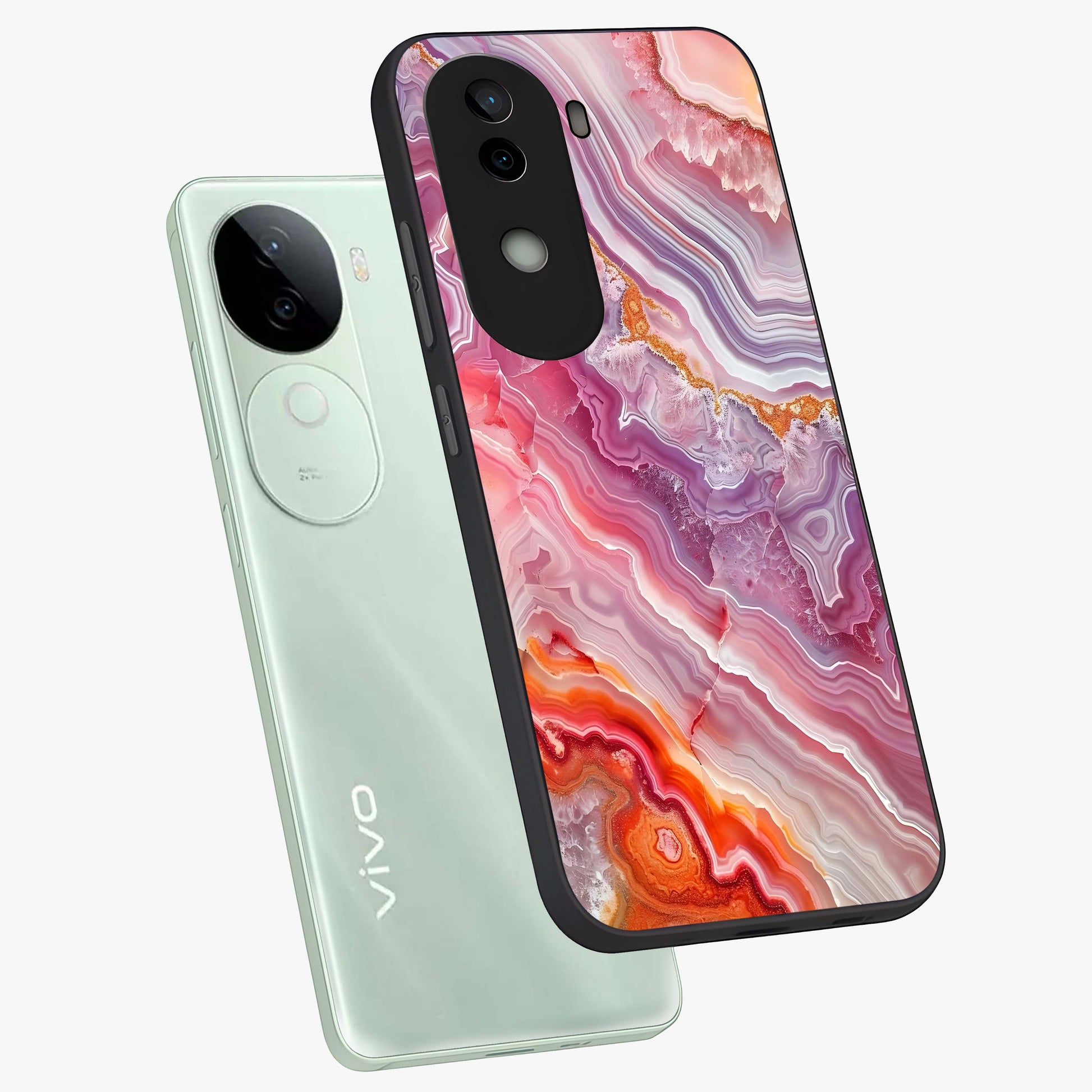 Rose Quartz Marble Glass Case displayed in angled mockup highlighting elegant marble pattern with soft aesthetic style.