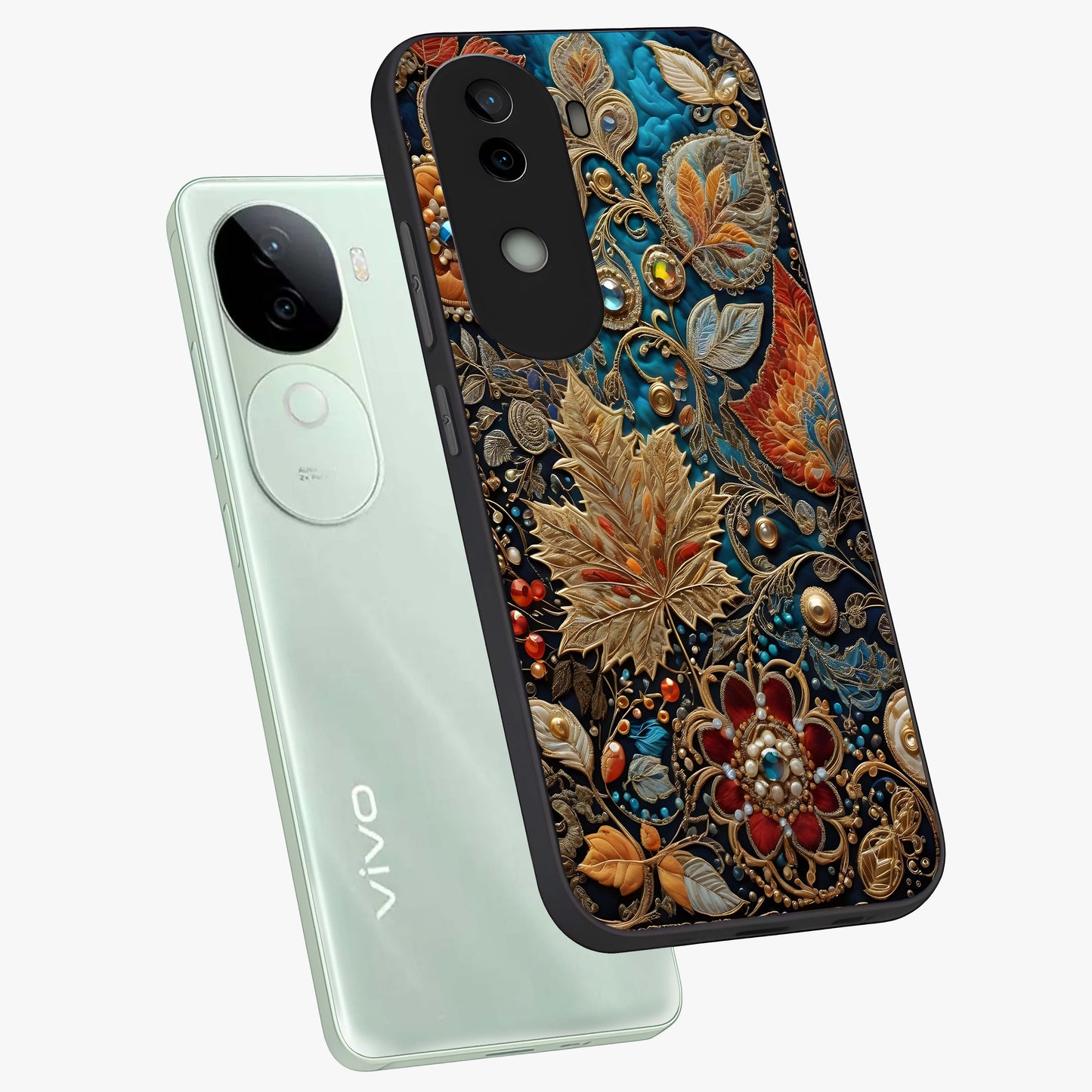 Royal Jewel Garden Glass Case displayed in angled mockup highlighting vibrant jewel inspired floral design with elegant aesthetic.