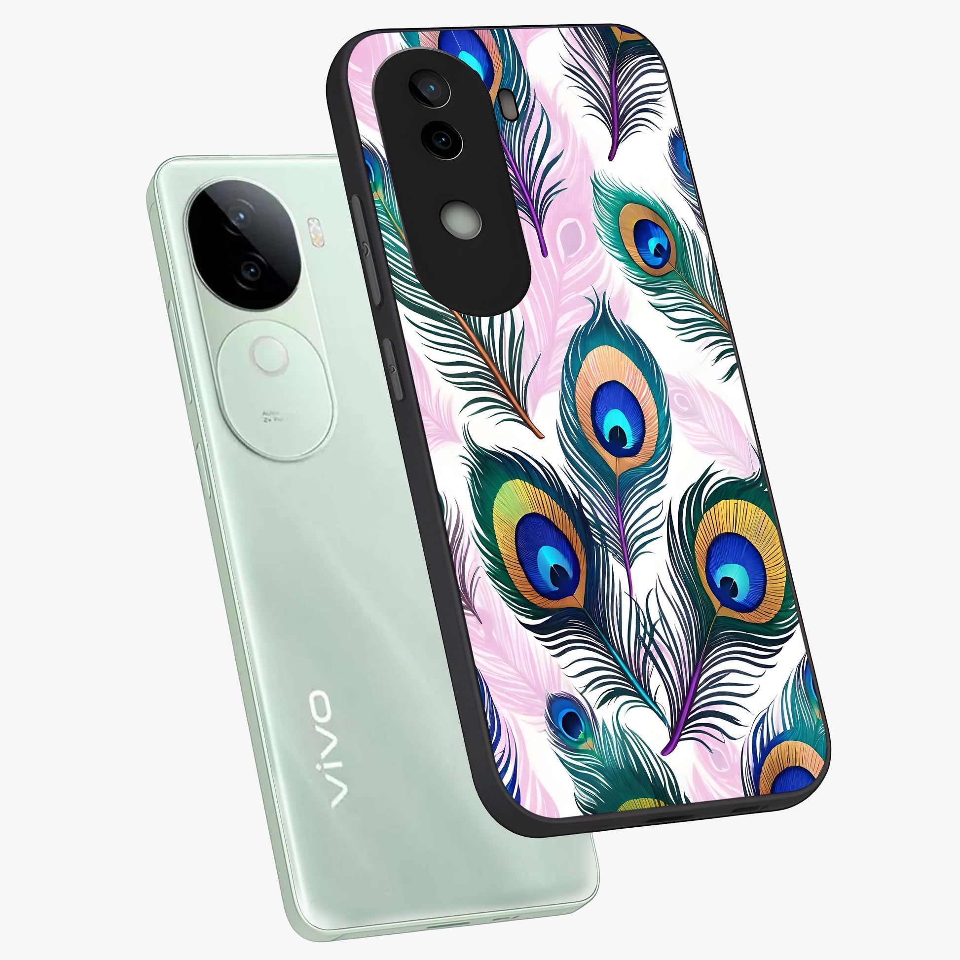 Royal Peacock Feathers Glass Case displayed in angled mockup highlighting vibrant feather pattern with regal aesthetic style.