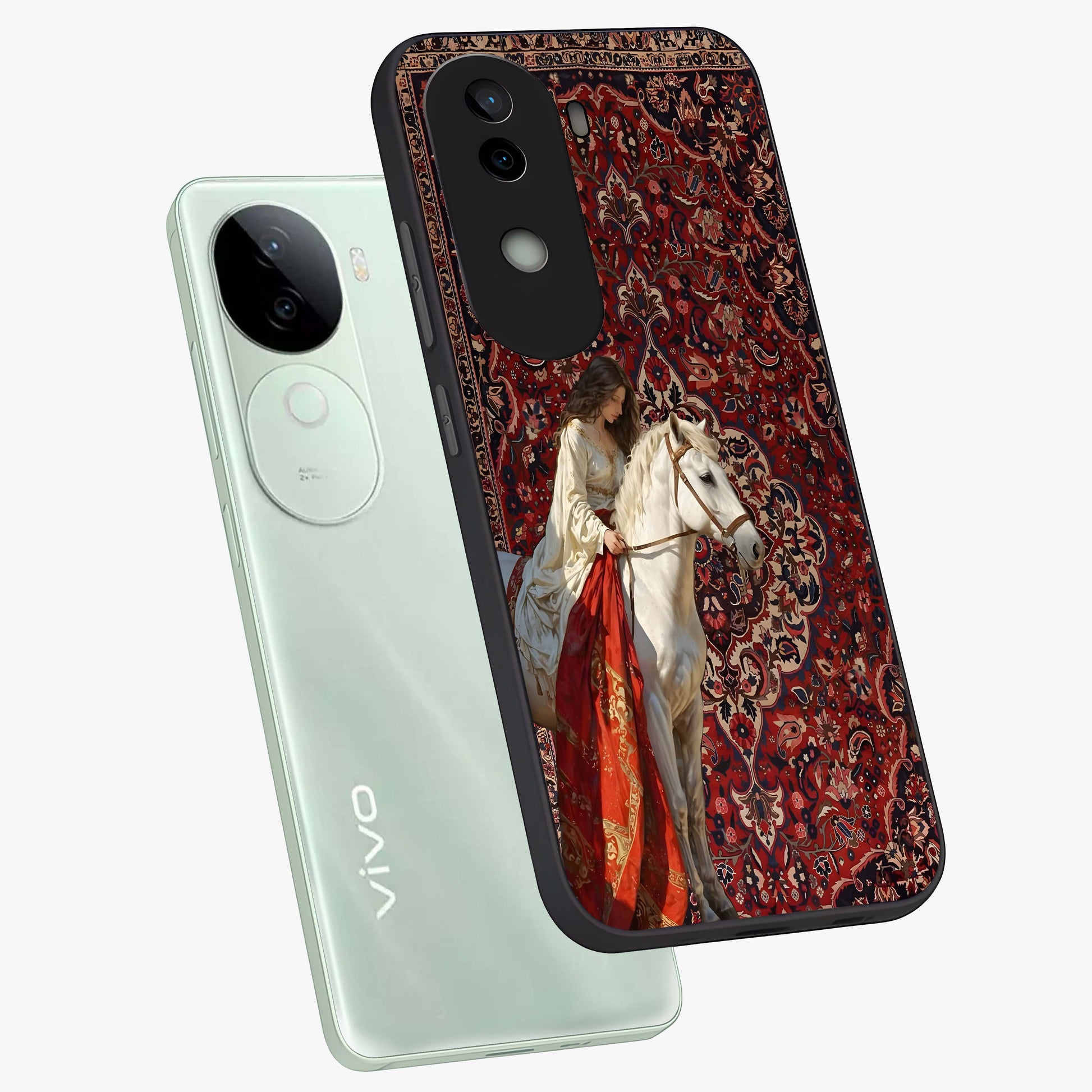 Royal Rider Tapestry Glass Case displayed in angled mockup highlighting traditional tapestry design with royal heritage aesthetic.