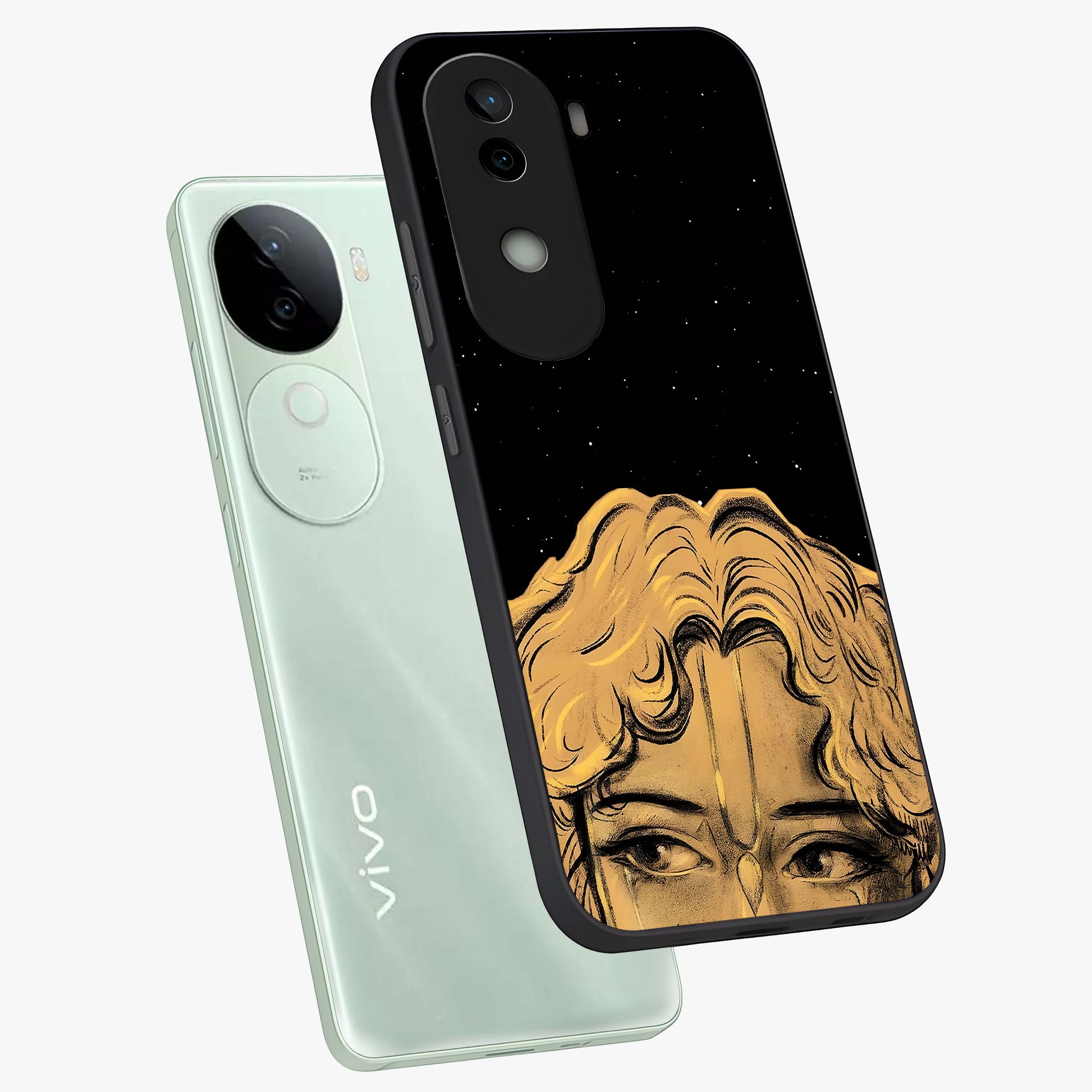 Shri Krishna Art Glass Case displayed in angled mockup highlighting spiritual Krishna illustration with divine aesthetic.