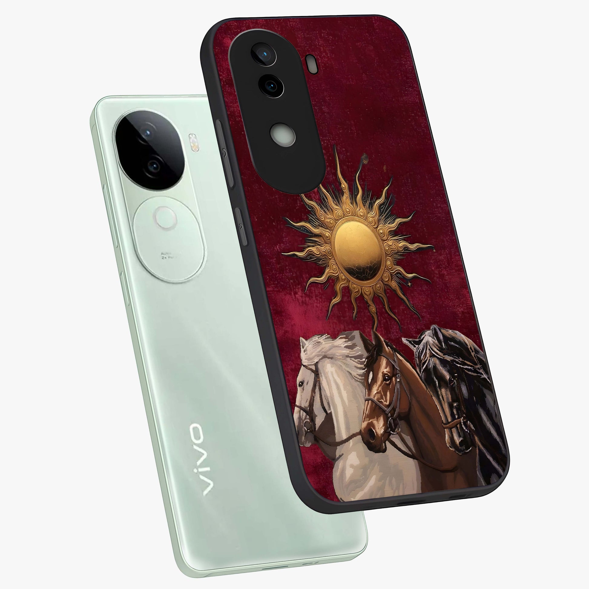 Solar Riders Glass Case displayed in angled mockup highlighting powerful rider illustration with radiant solar aesthetic.