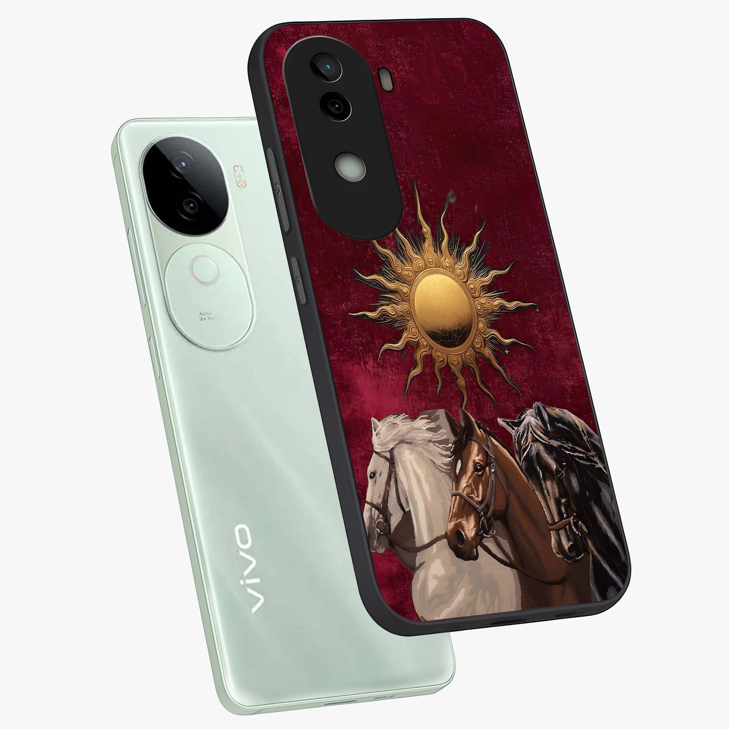 Solar Riders Glass Case displayed in angled mockup highlighting powerful rider illustration with radiant solar aesthetic.