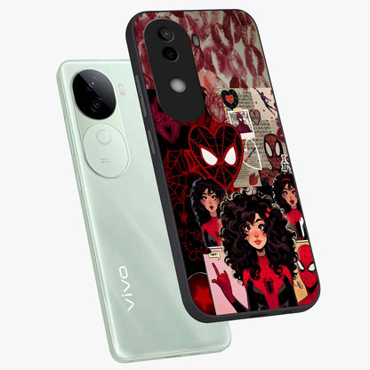 Spider Love Story Glass Case displayed in angled mockup highlighting expressive comic inspired design with playful aesthetic.