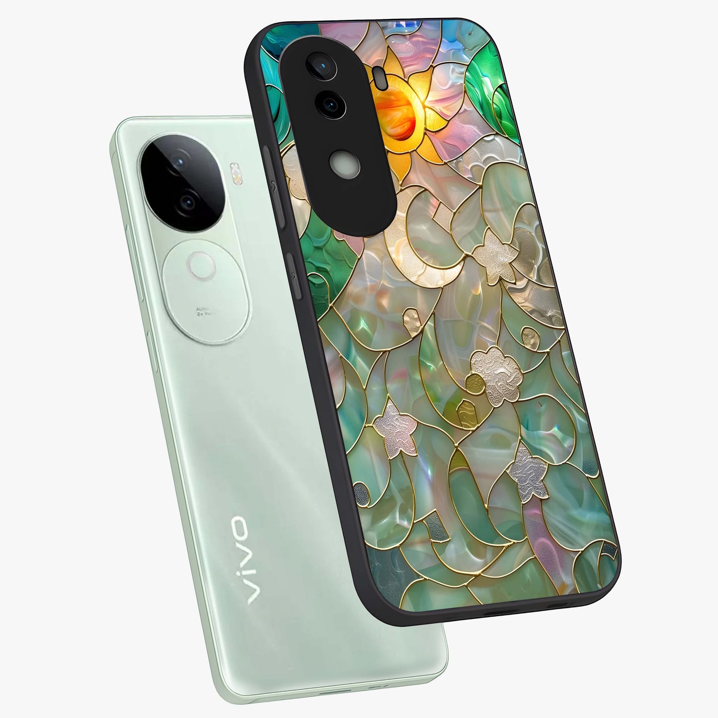 Stained Sunrise Glow Glass Case displayed in angled mockup highlighting radiant sunrise design with artistic aesthetic style.