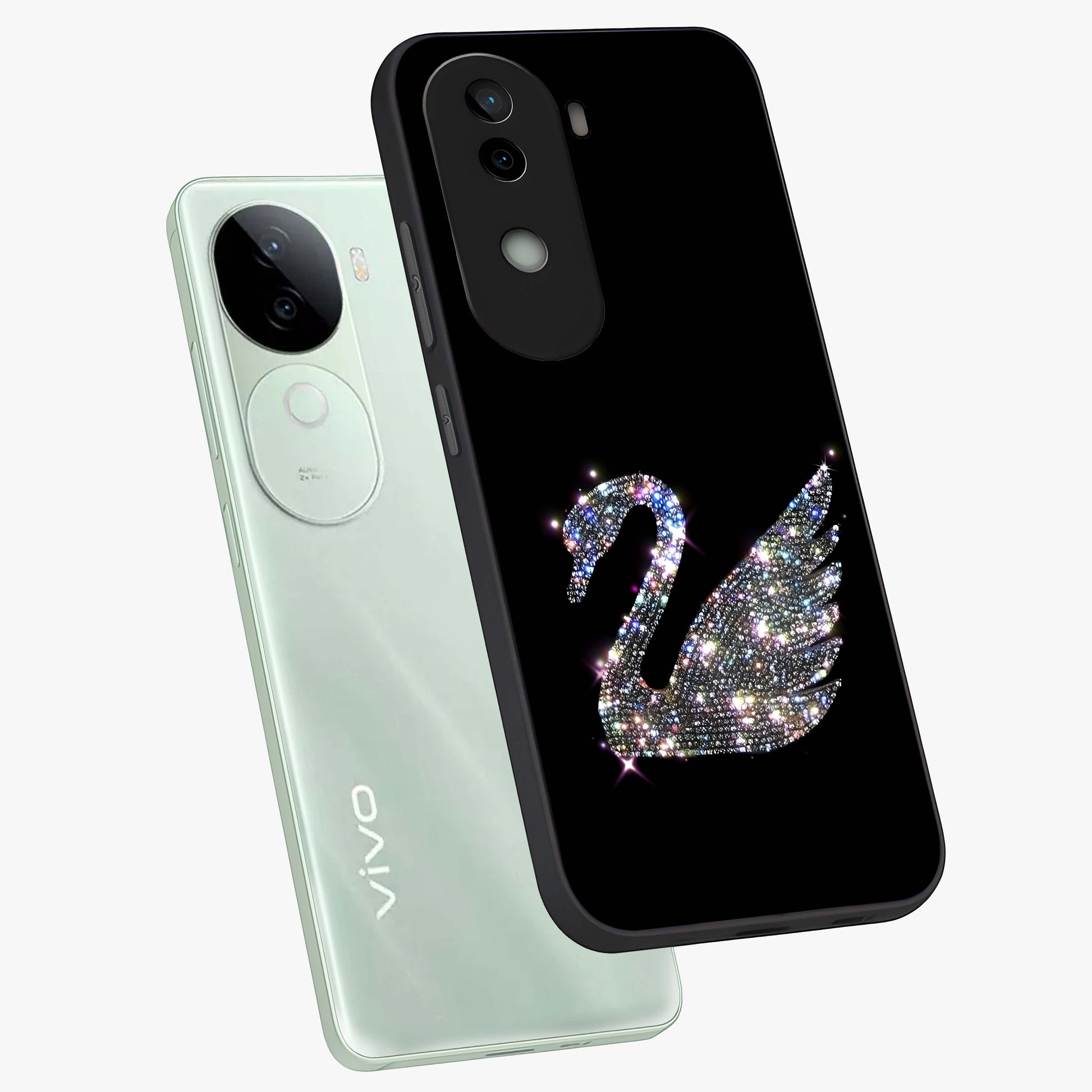 Starlit Swan Grace Glass Case displayed in angled mockup highlighting elegant swan illustration with dreamy celestial aesthetic.