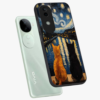 Starry River Cats Glass Case displayed in angled mockup highlighting charming feline illustration with dreamy night aesthetic.