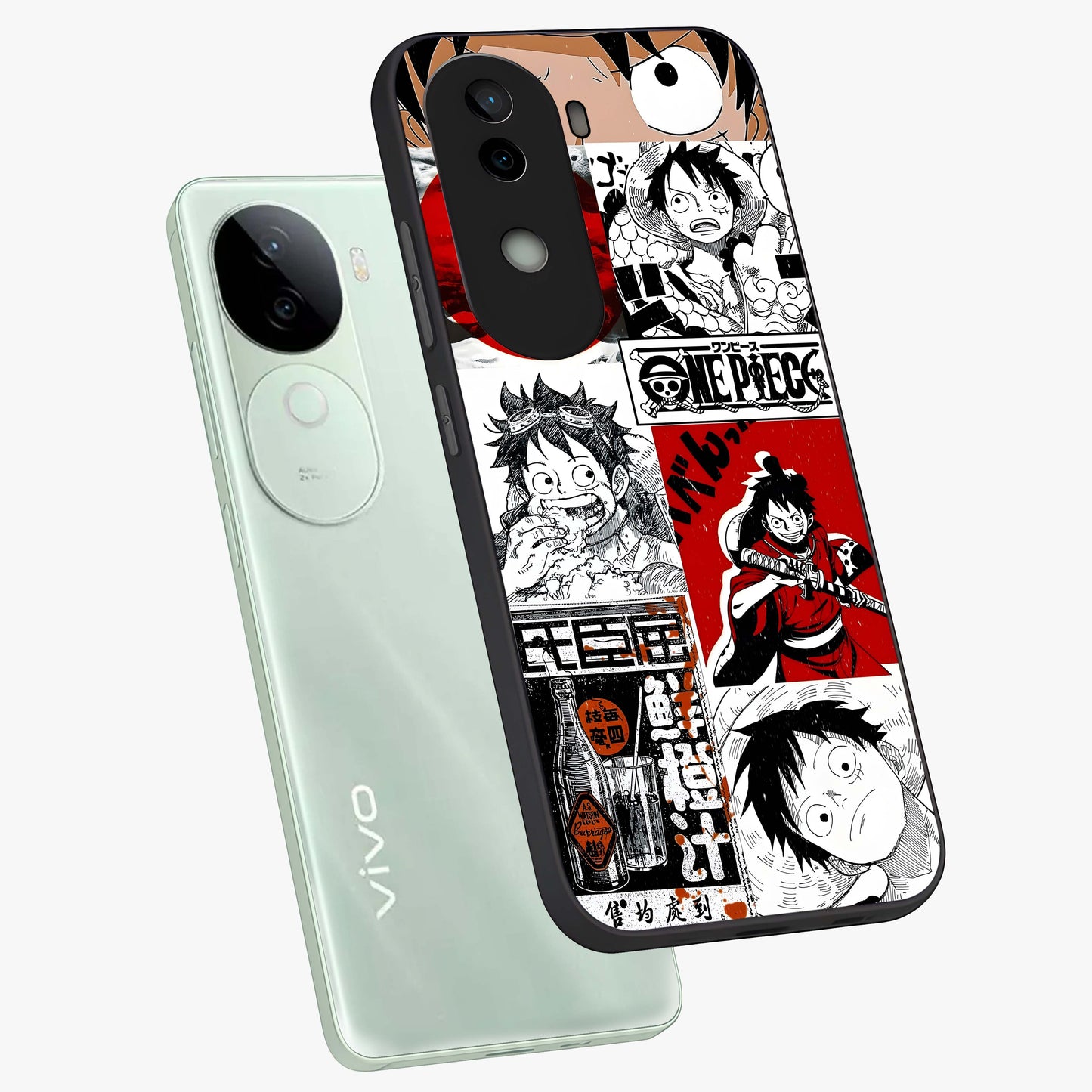 Strawhat Chaos Panels Glass Case displayed in angled mockup highlighting vibrant anime collage design with action aesthetic.