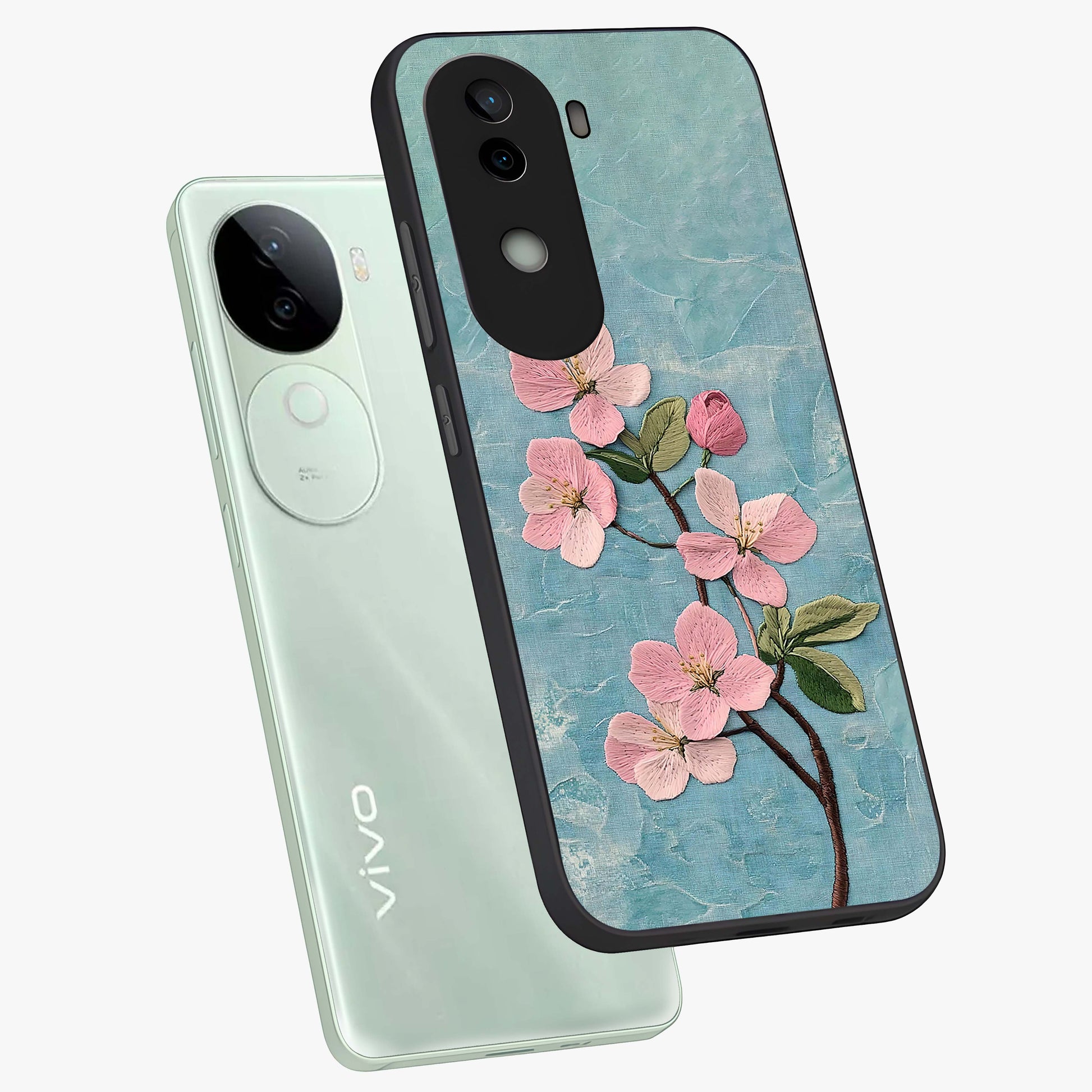 Threaded Blossom Breeze Glass Case displayed in angled mockup highlighting elegant floral design with soft aesthetic style.