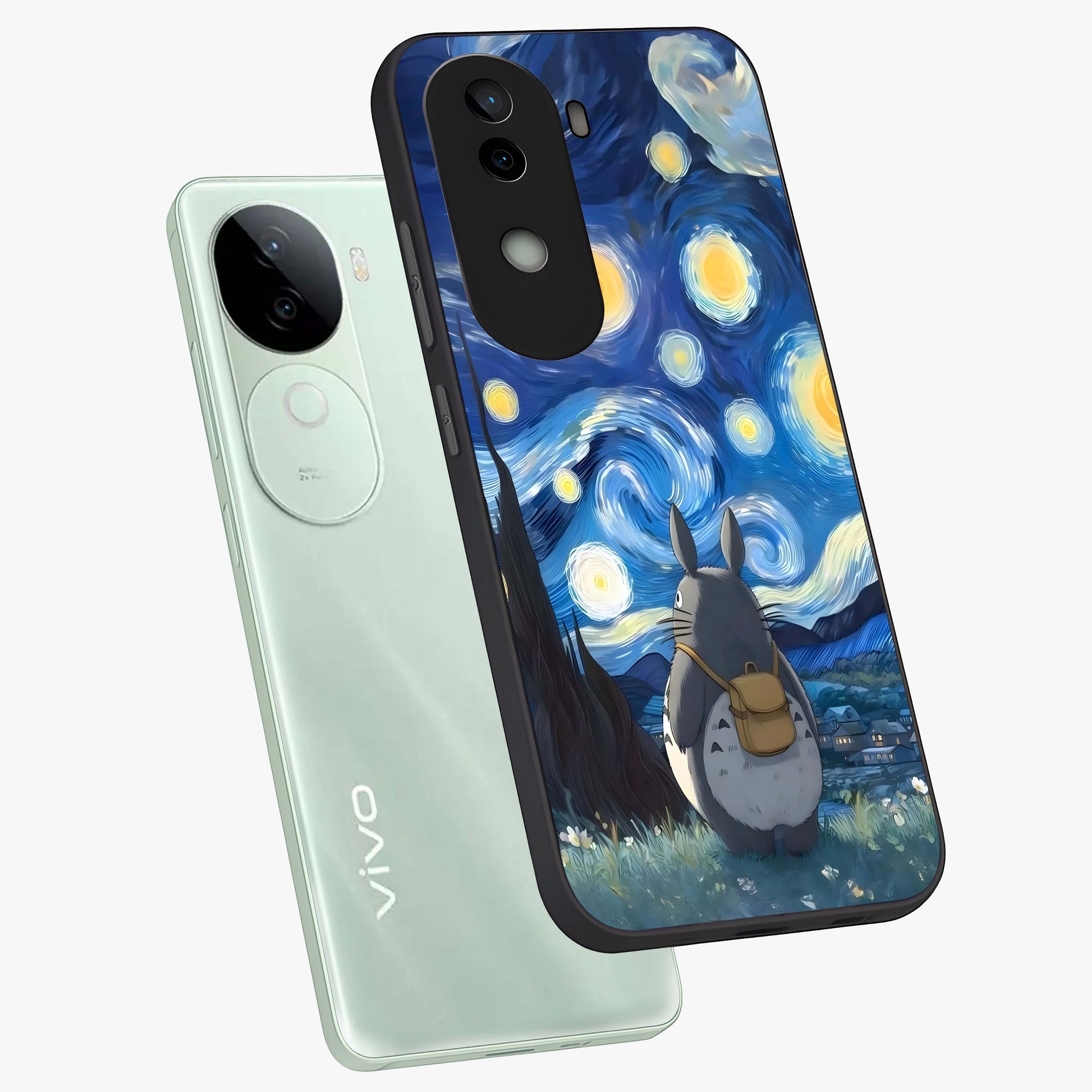 Totoro In Van Gogh Art Glass Case displayed in angled mockup highlighting artistic swirling sky design with playful animation aesthetic.