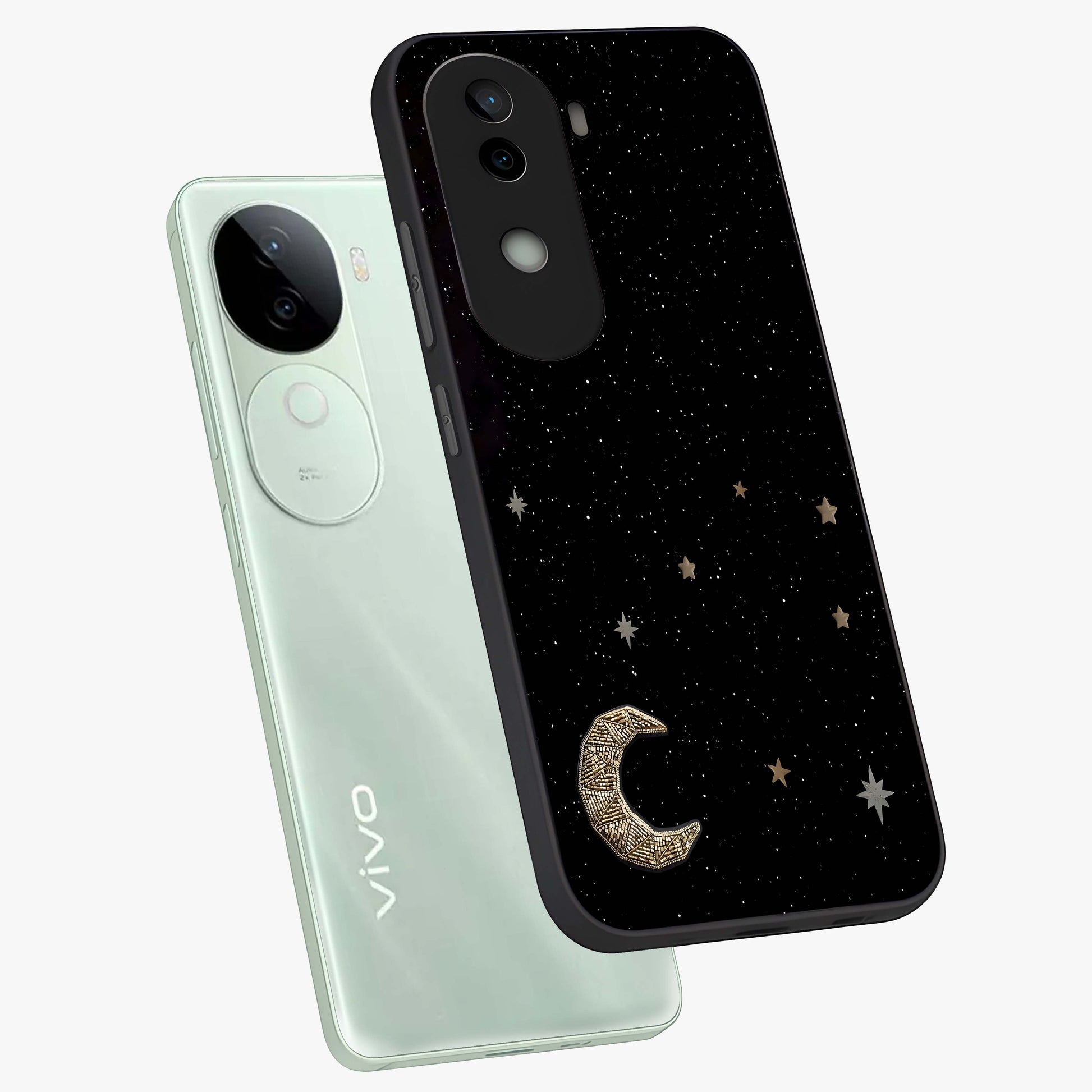 Twinkle Star With Half Moon Glass Case displayed in angled mockup highlighting celestial moon and star design with magical aesthetic.