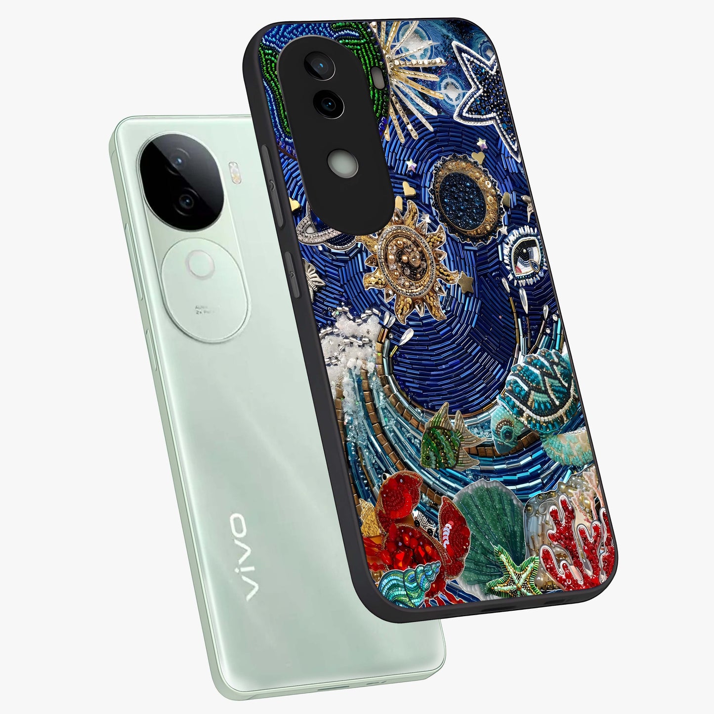 Universe Underwater Spark Glass Case displayed in angled mockup highlighting glowing aquatic design with celestial aesthetic.