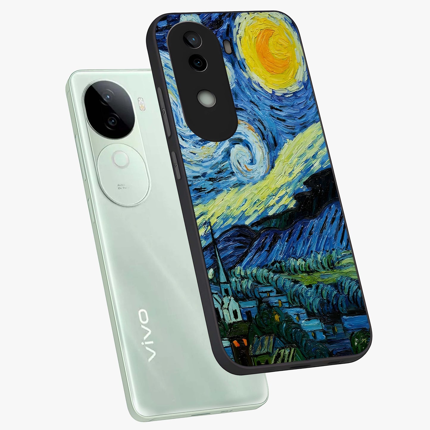 Van Gogh Art Glass Case displayed in angled mockup highlighting swirling brushstroke design with artistic aesthetic.