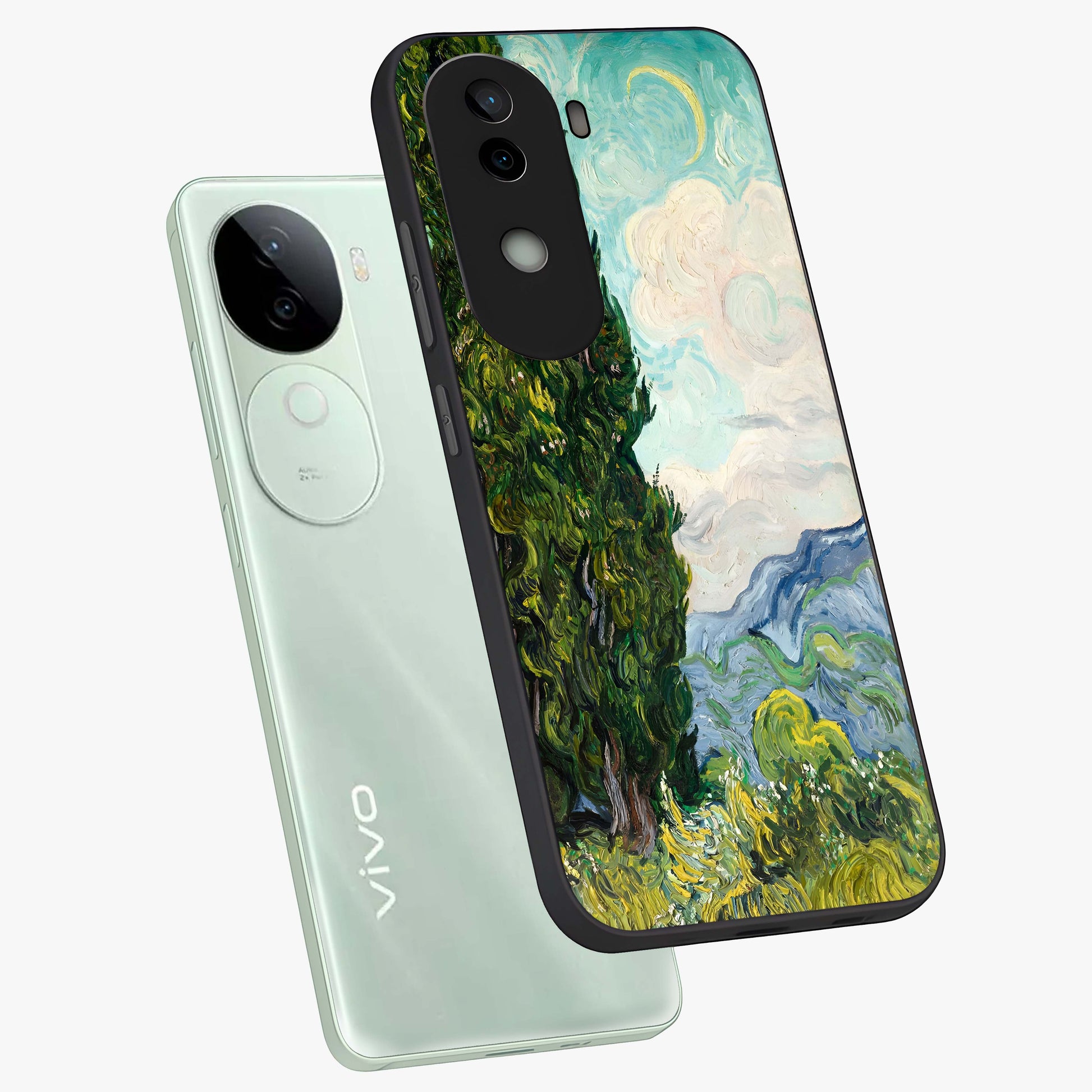 Van Gogh Vintage Art Glass Case displayed in angled mockup highlighting textured brushstroke design with classic aesthetic.