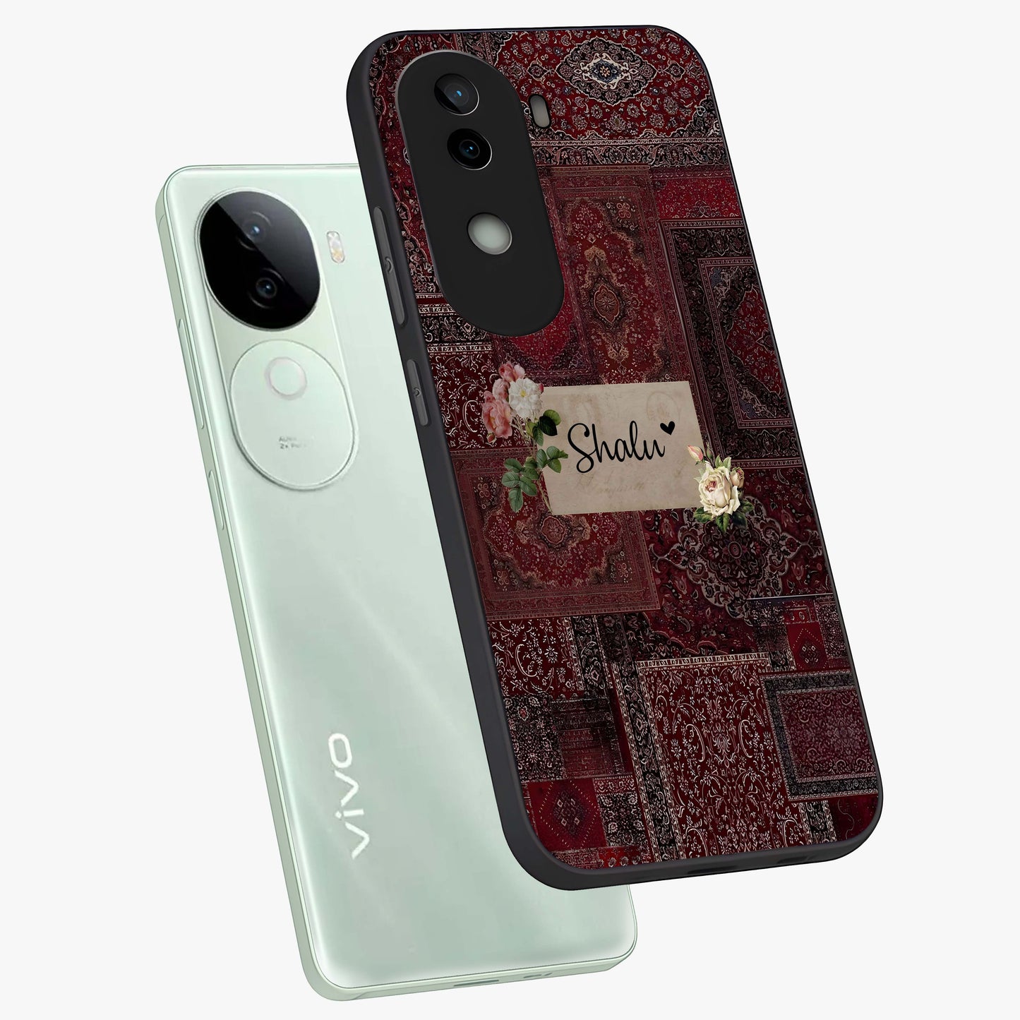 Velvet Wine Pattern Custom Name Glass Case displayed in angled mockup highlighting decorative velvet inspired design with custom name feature.