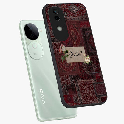 Velvet Wine Pattern Custom Name Glass Case displayed in angled mockup highlighting decorative velvet inspired design with custom name feature.