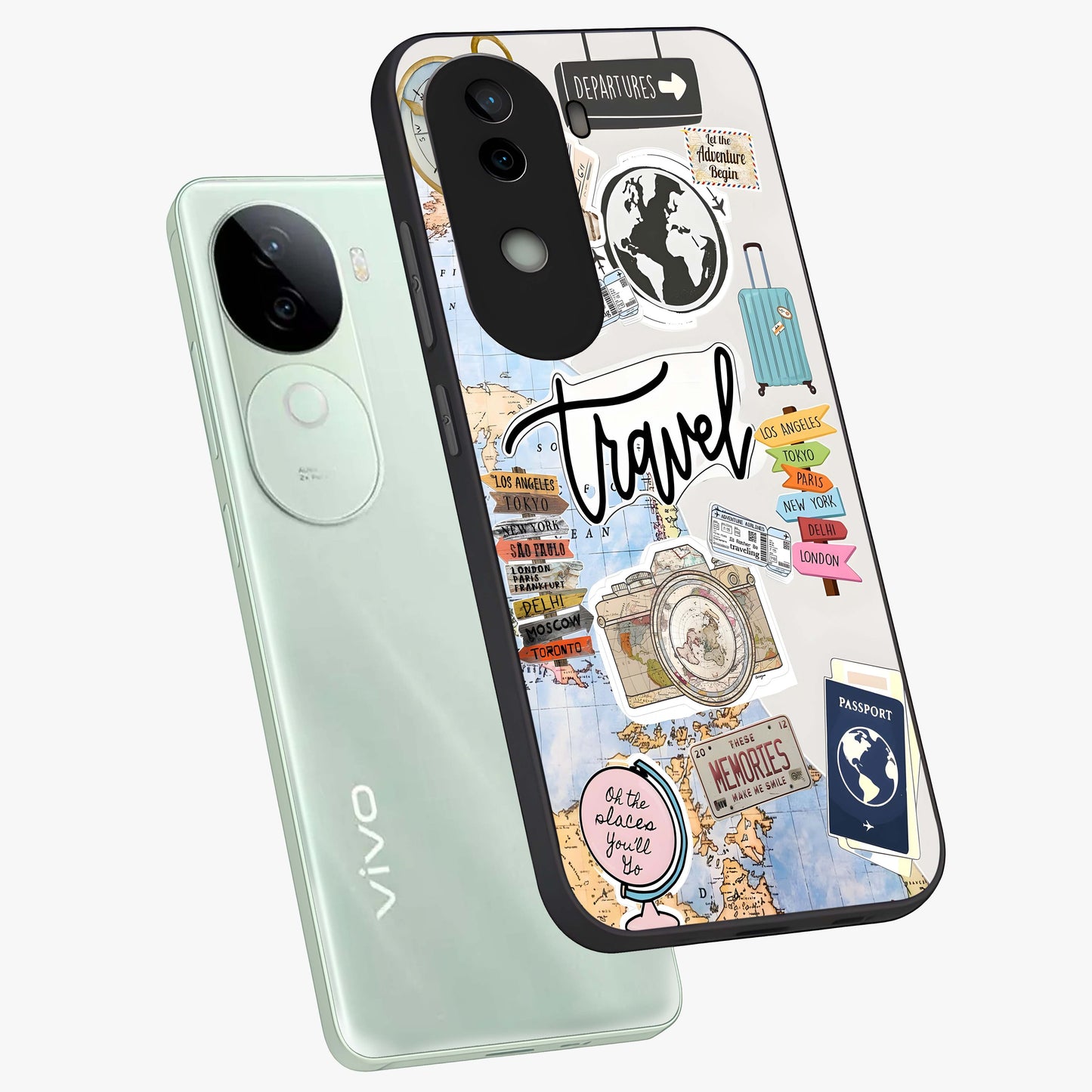 Wanderlust Journal Glass Case displayed in angled mockup highlighting adventure themed design with aesthetic travel vibe.