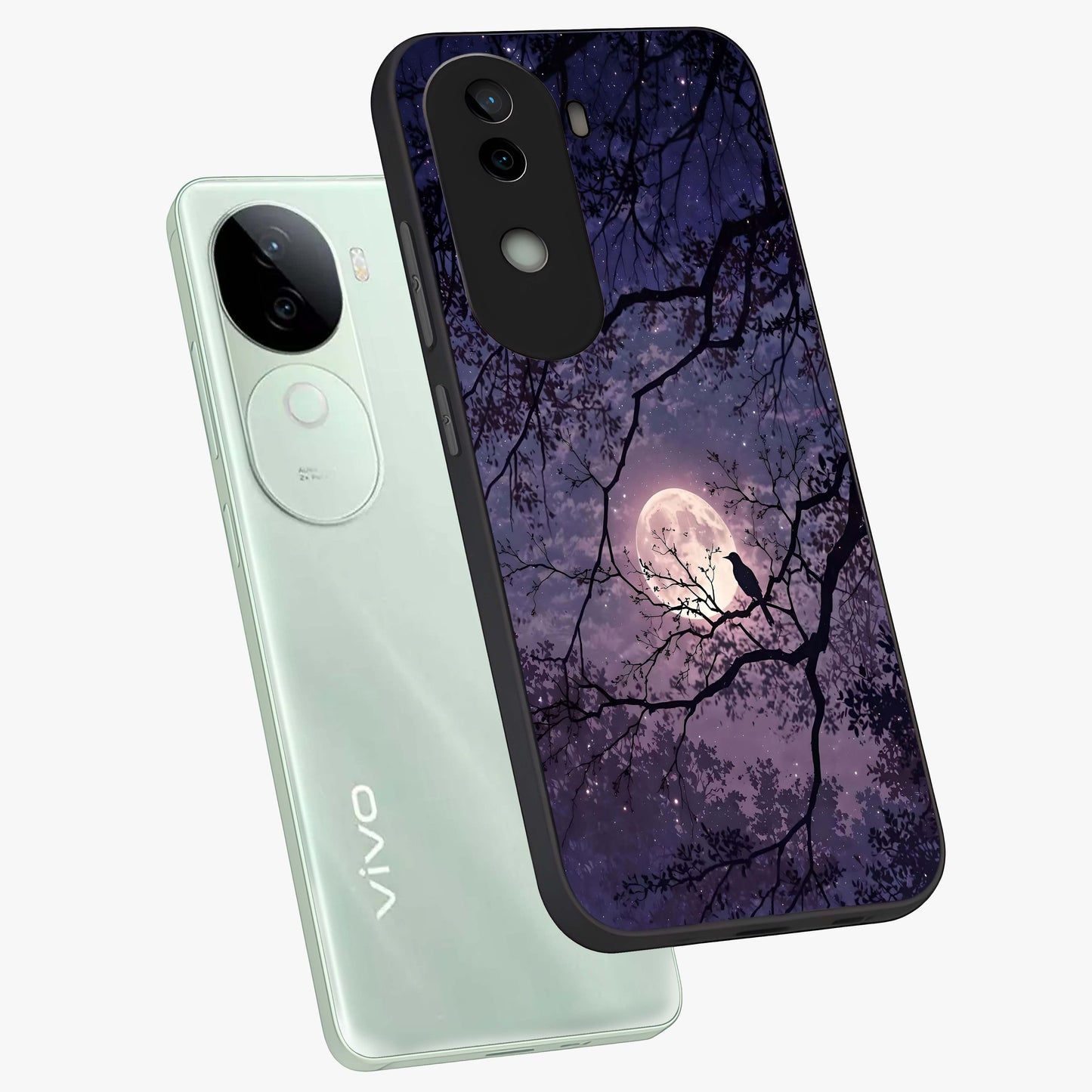 Whispering Moon Silence Glass Case displayed in angled mockup highlighting calm lunar design with dreamy night aesthetic.