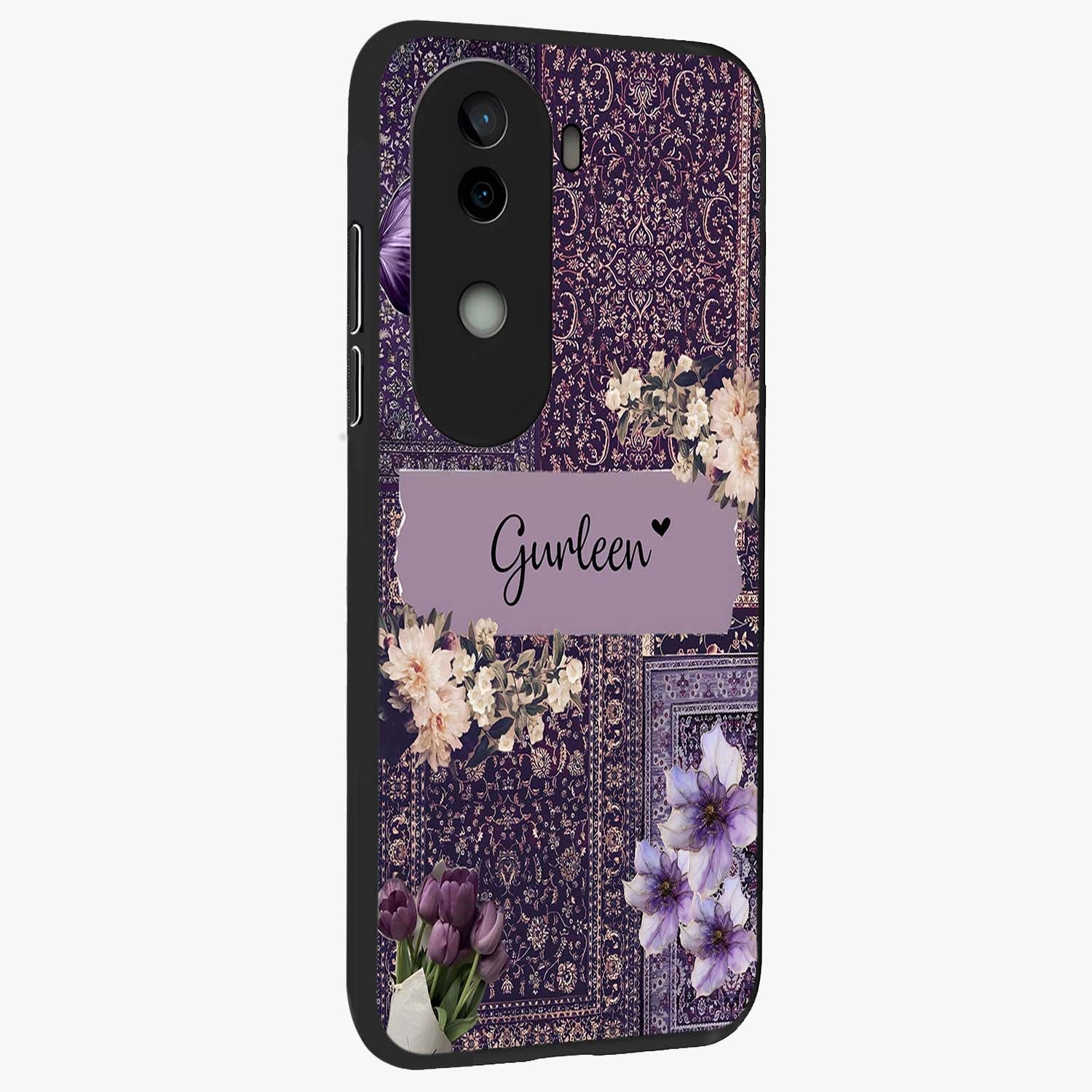 Antique Floral Whisper Custom Name Glass Case upright view showcasing delicate floral artwork with custom name feature.