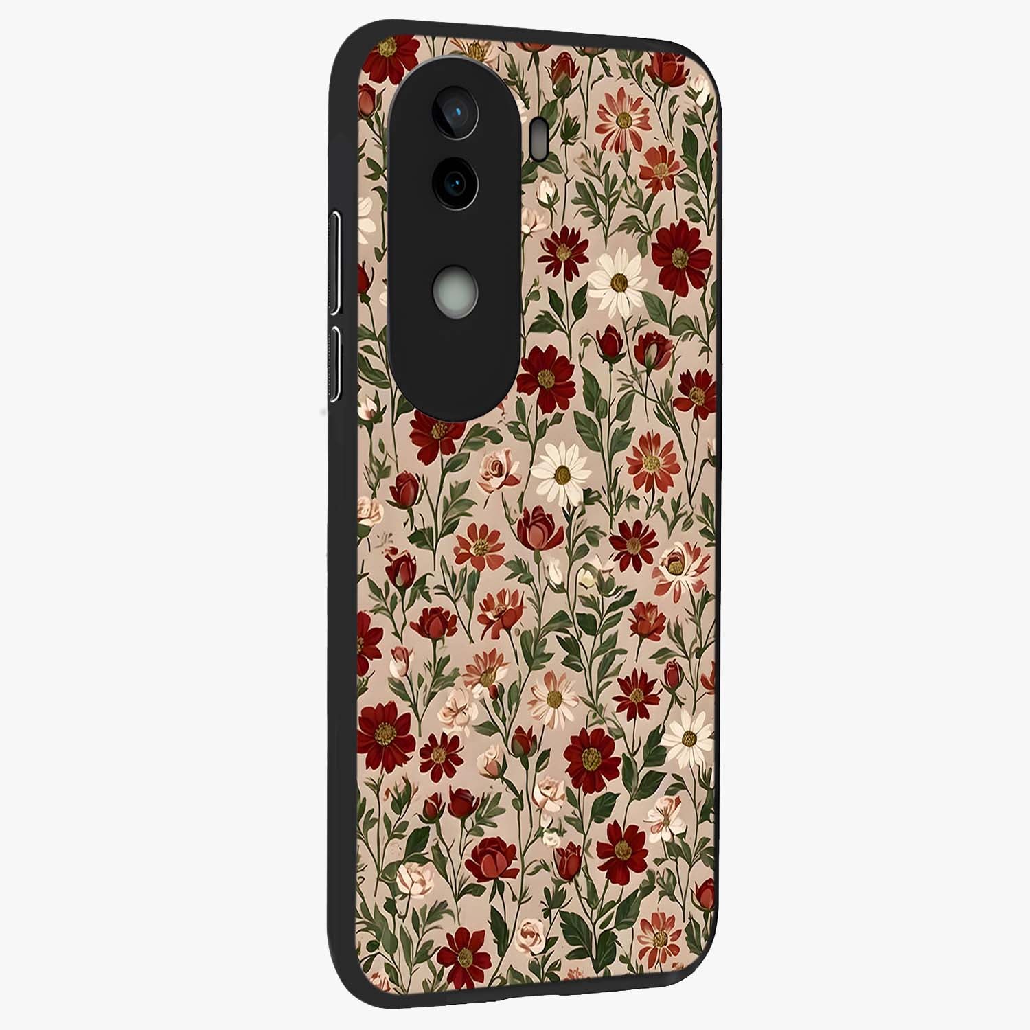 Biege Flower With Leaf Glass Case upright view showcasing delicate beige flower illustration with clean botanical style.