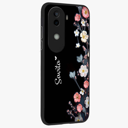 Black Elegance Floral Custom Name Glass Case upright view showcasing luxurious black floral design with personalized name detail.