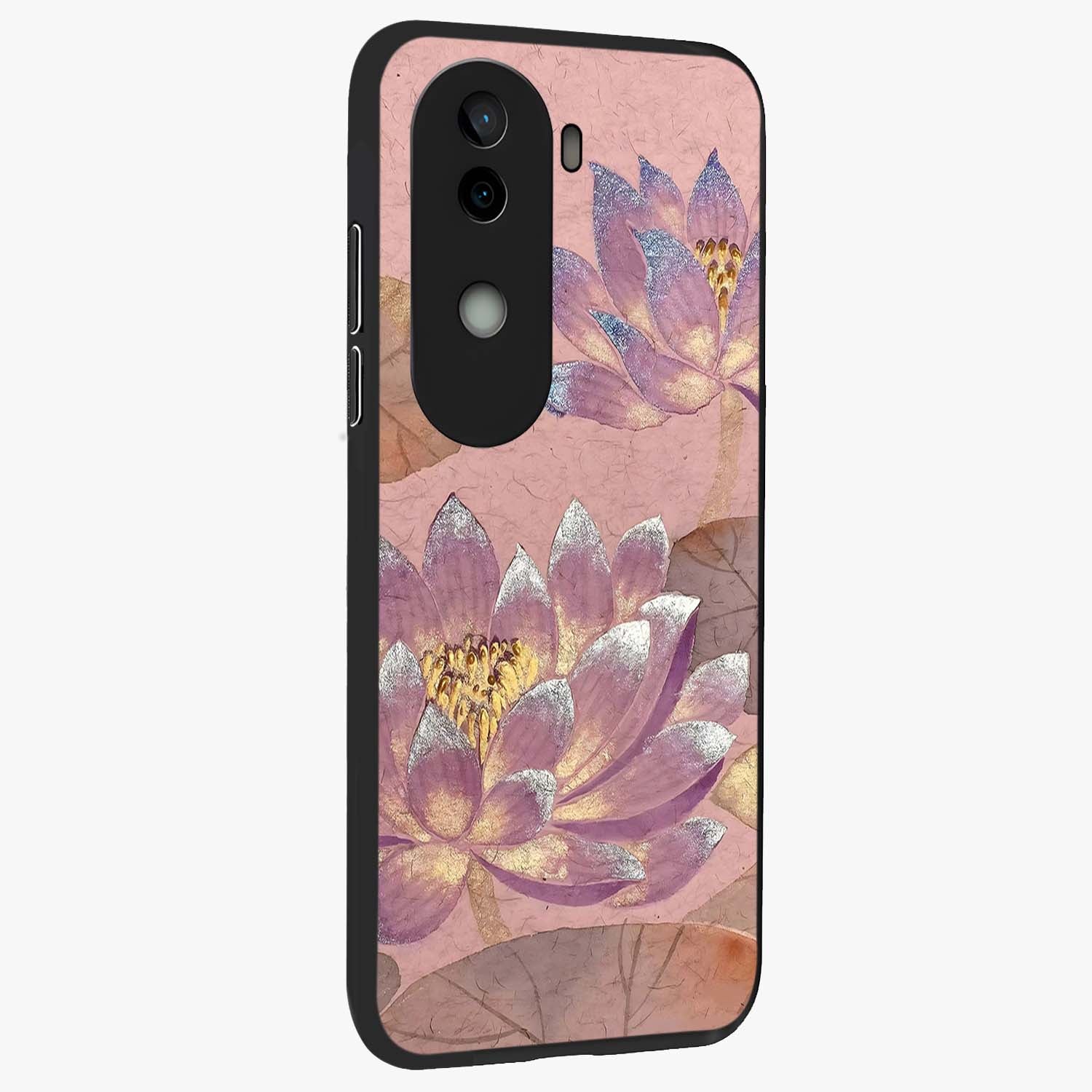 Blossom Mist Lotus Glass Case upright view showcasing graceful lotus flower design with peaceful botanical style.